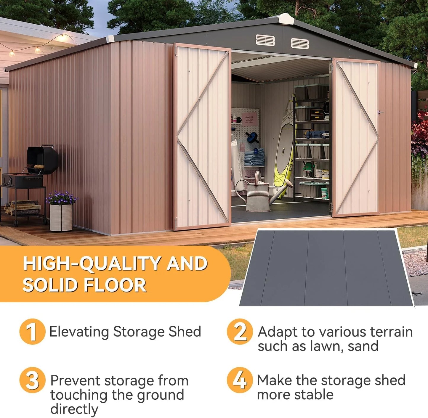 Aoxun 7.4x5.3FT Shed with Floor Galvanized Steel Outdoor Storage Shed Metal Garden Shed with Double Doors, 15mm Moisture-Proof Floor & Ventilation, Sloped Roof for Bike/Generator/Tool Storage (Brown)