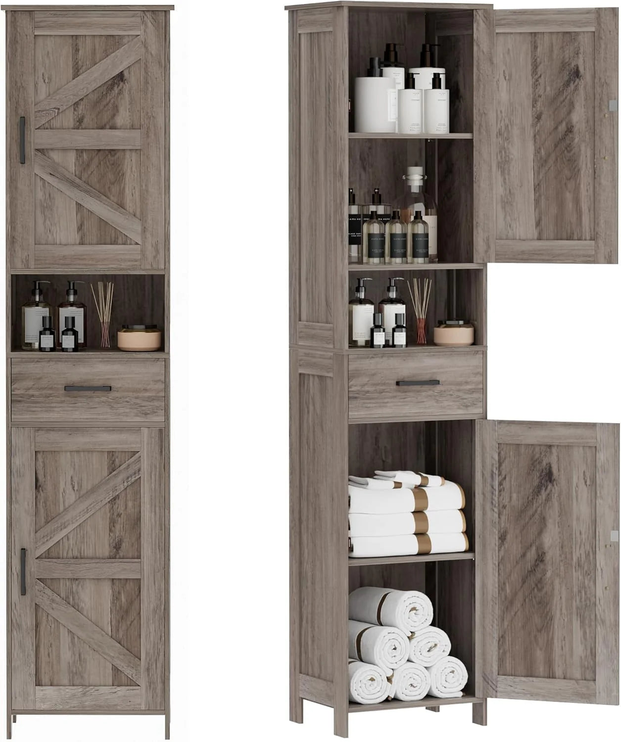 Homhedy 67" H Tall Bathroom Storage Cabinet with 2 Barn Doors and 1 Drawer, Narrow Storage Unit, Adjustable Shelves, Floor Cabinet for Bathroom, Living Room, Entryway, Kitchen, White, (15.7" W)