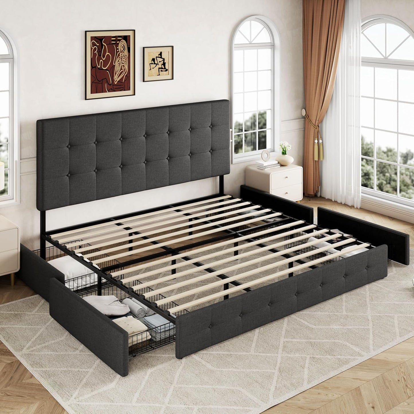 Allewie Upholstered Queen Size Platform Bed Frame with 4 Storage Drawers and Headboard, Square Stitched Button Tufted, Mattress Foundation with Wooden Slats Support, No Box Spring Needed