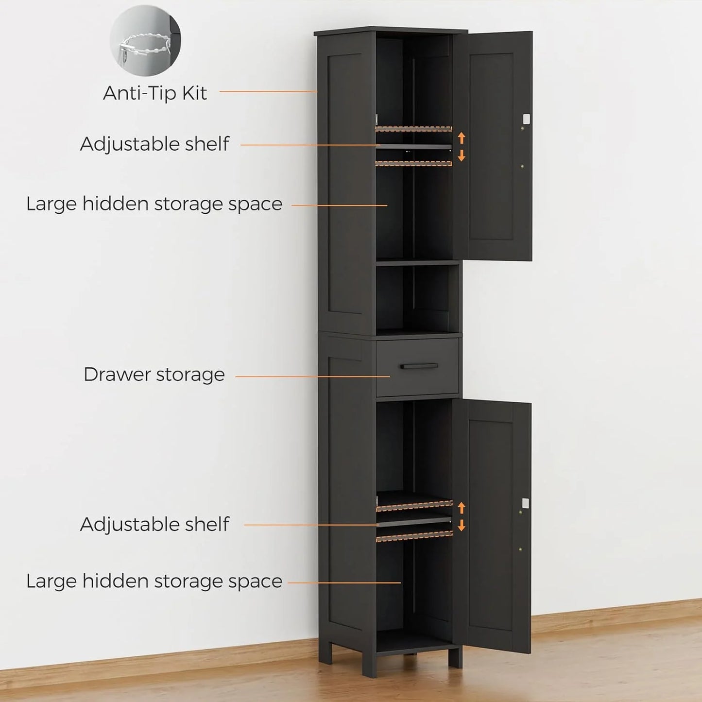 Homhedy 67" H Tall Bathroom Storage Cabinet with 2 Barn Doors and 1 Drawer, Narrow Storage Unit, Adjustable Shelves, Floor Cabinet for Bathroom, Living Room, Entryway, Kitchen, White, (15.7" W)