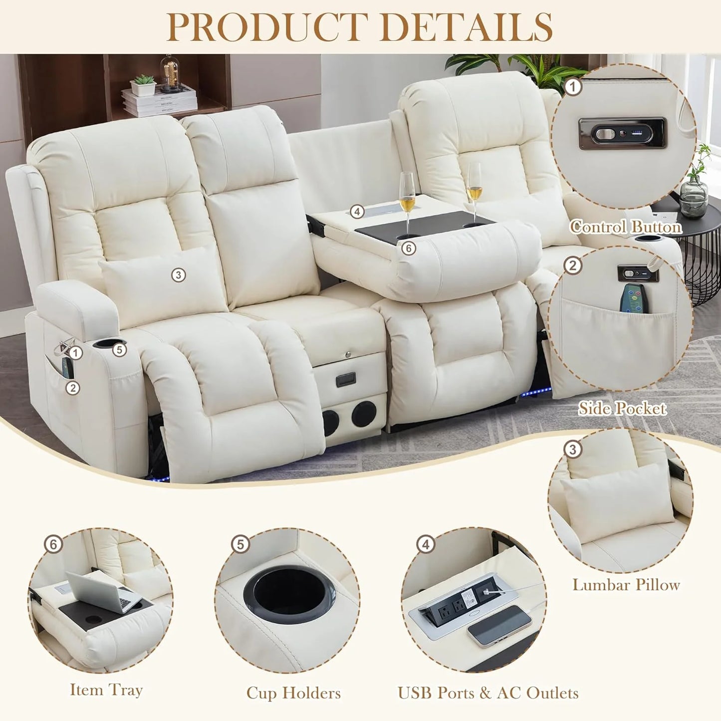 TUNYI Power Loveseat Recliner Sofa with Massage & Heat Home Theater Seating with Console Electric Recliner RV Sofa with USB/Outlet/Storage/Side Pocket/LED Light/Speaker (Brown, Loveseat)