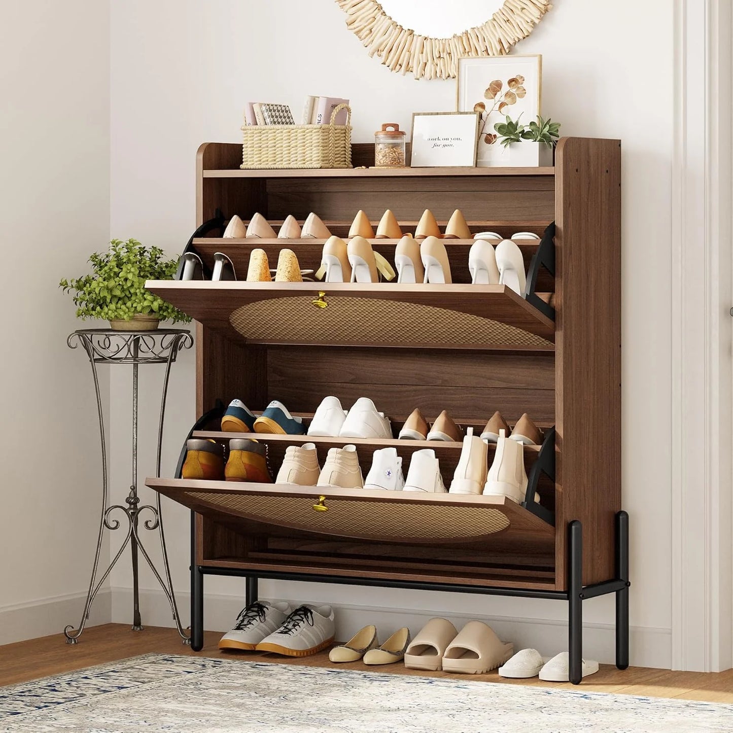 IRONCK Shoe Cabinet Storage with 2 Flip Drawers, Free Standing Wooden Shoe Storage Organizer Cabinet with Rattan Doors for Entryway, Narrow Shoe Rack Cabinet, Oak