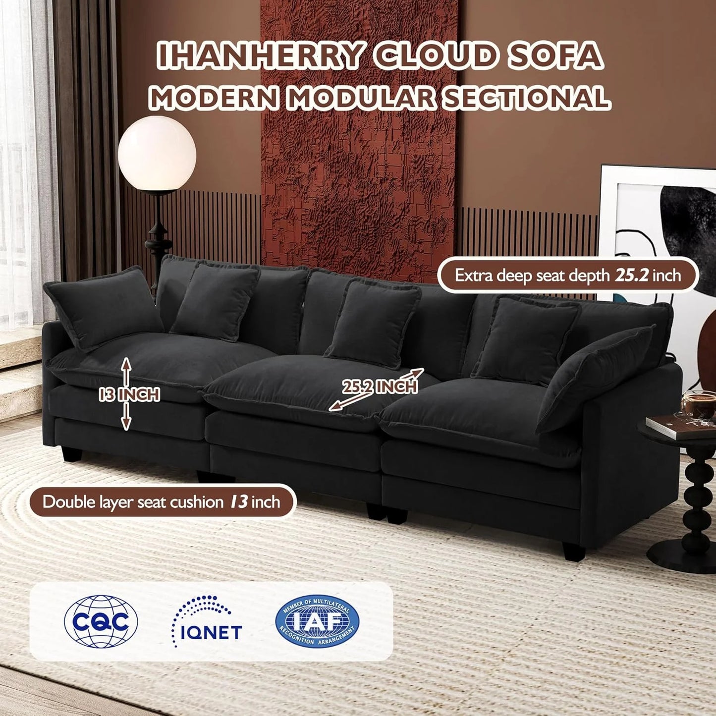 111.4 Inch L-Shaped Modern Sofa Modular Cloud Sofa with Ottoman, 4-Seater Chenille Deep Seat Sofa with Pillows for Living Room, Bedroom and Apartment, Beige
