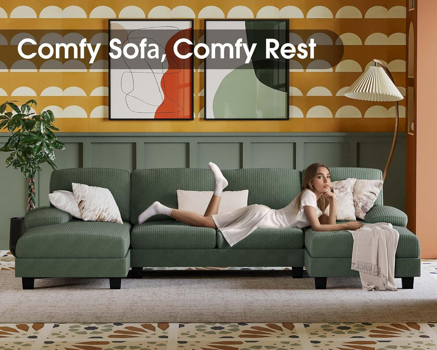 Furmax Sectional Couches for Living Room, U-Shaped Sofa Couch with Linen Fabric, 4 Seat Sofa Set with Double Chaise for Apartment (Fabric, Grey)