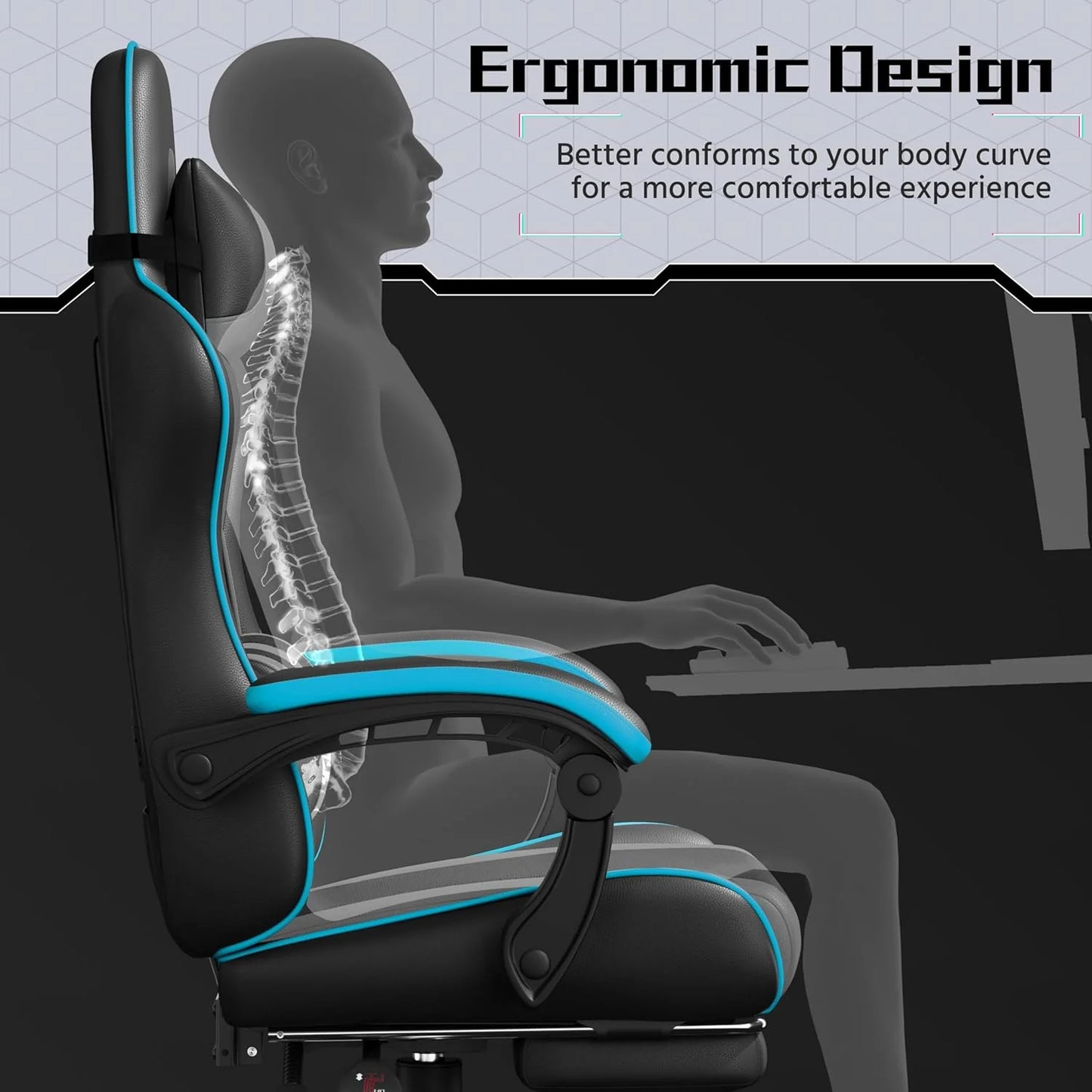 Gaming Chair with Massage Lumbar Support and Footrest Height Office Gaming Chair