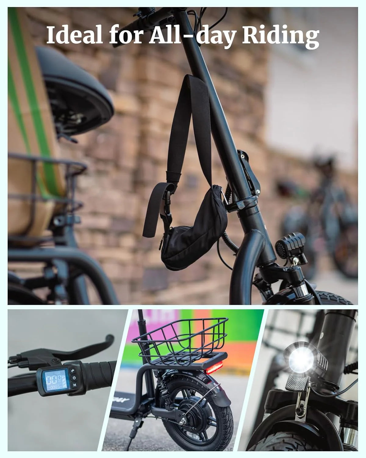 Gotrax adult electric scooter with seat, maximum range of 19-25 miles, all-terrain tires, wide pedals, padded seat, and carrycot