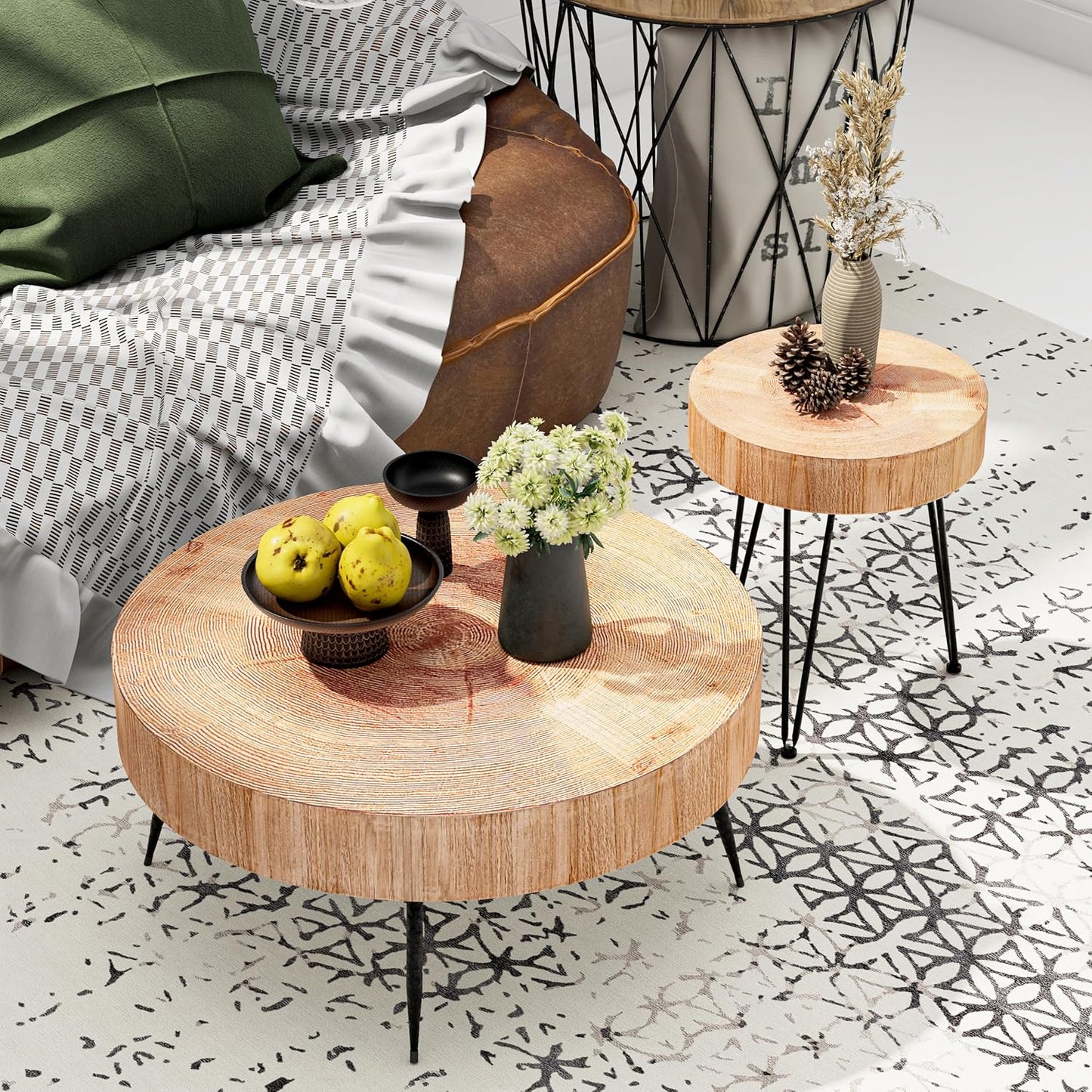Two-Piece Modern Farmhouse Living Room Coffee Table Set, Round Nesting Tables