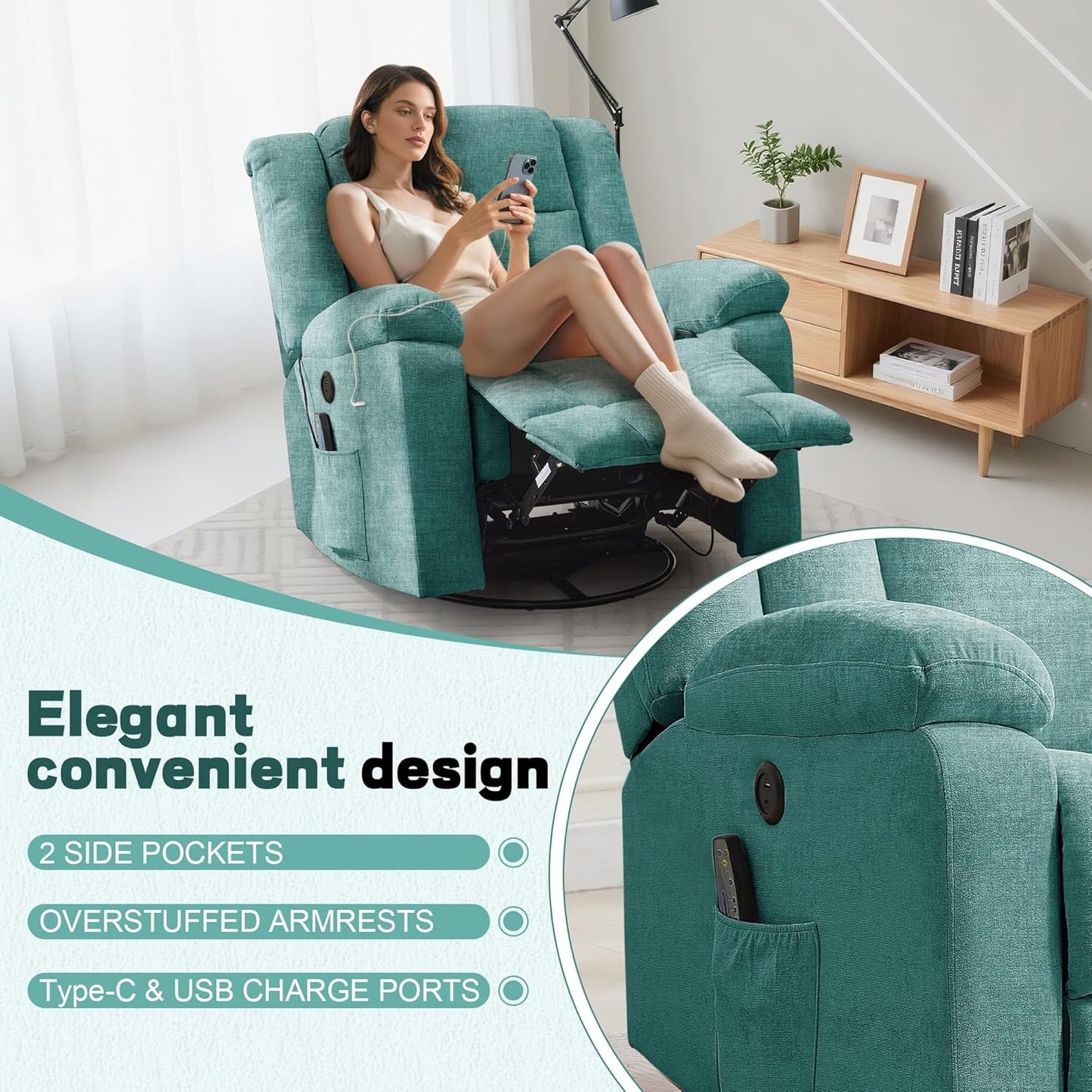 Adult rocking chair, gliding recliner, 360° rotating rocking chair with massage and heating function