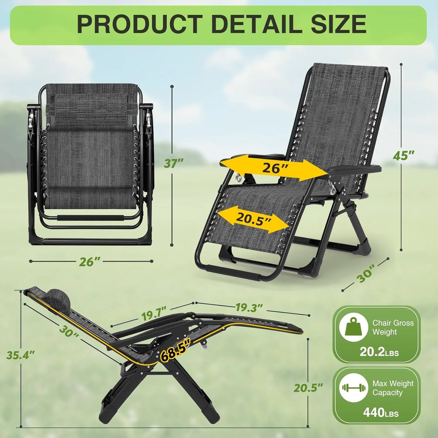 Indoor and outdoor patio chair folding lounge chair zero gravity chair with removable cushion camping lounge chair