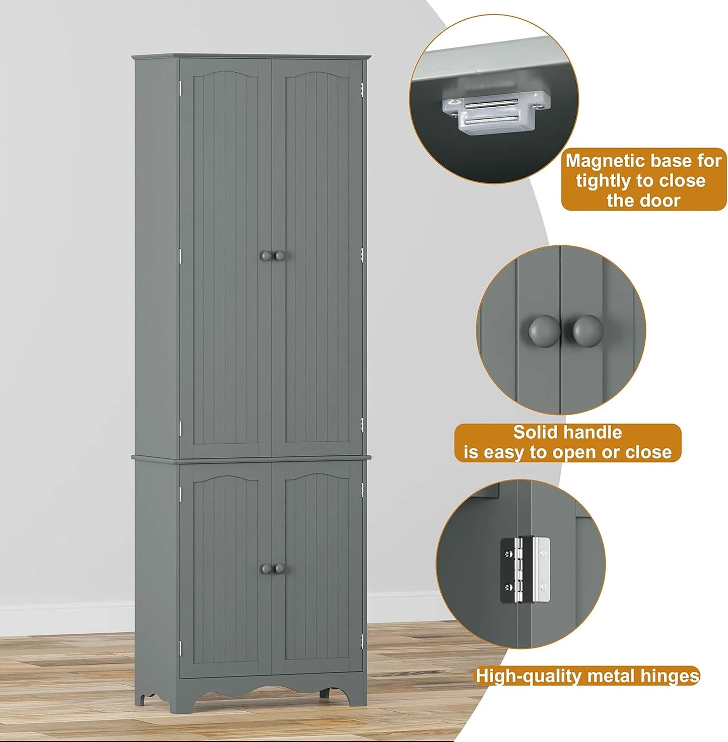 Tall Pantry Cabinet, Freestanding Storage Cabinet, Wooden Kitchen Pantry with 4 Doors and 5 Shelves, 72" Floor Cabinet Organizer