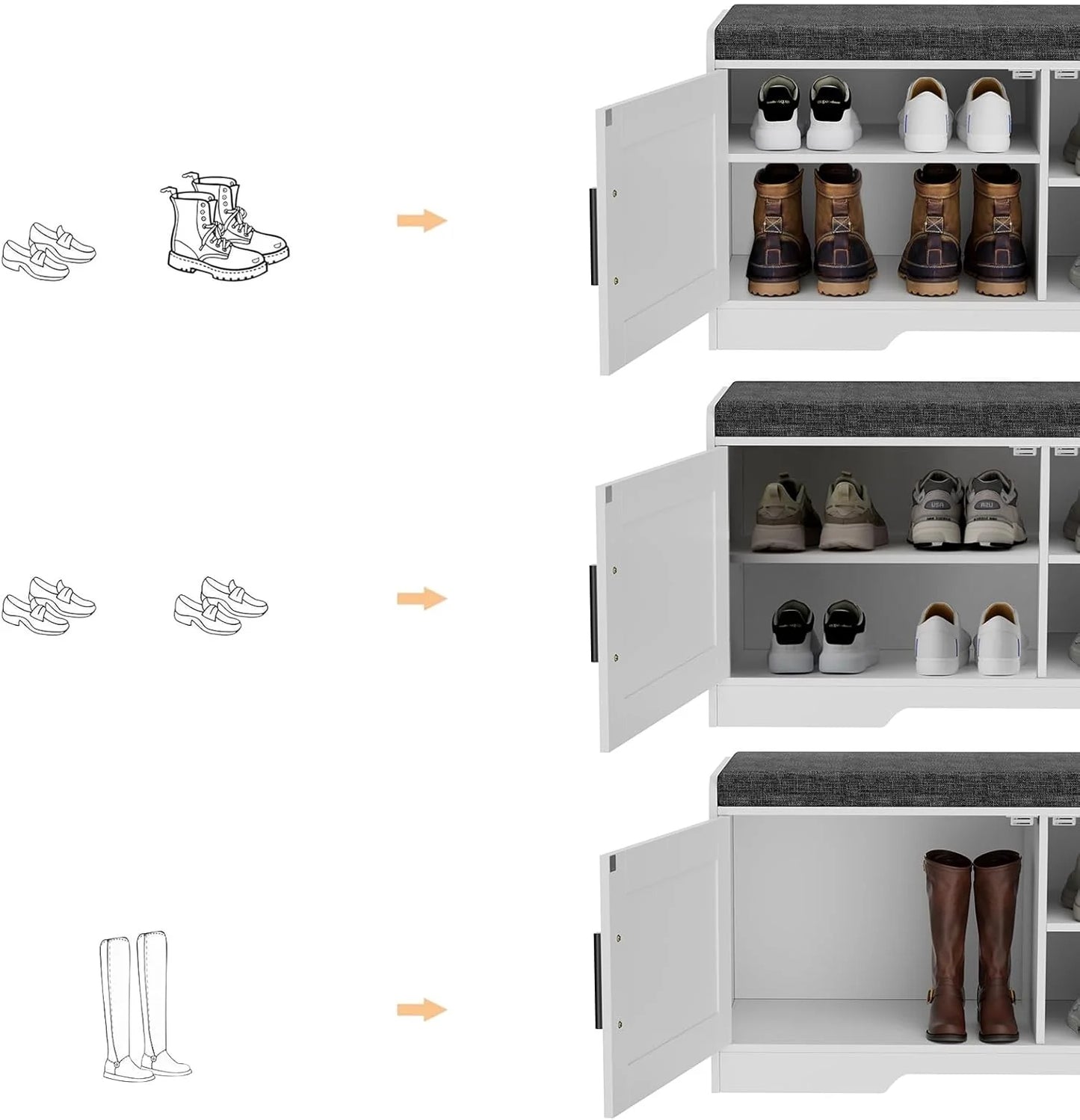 2-Tier Storage Bench, Shoe Bench with Thickened Padded Seat Cushion, Entryway Bench with 4 Doors, Adjustable Shelf