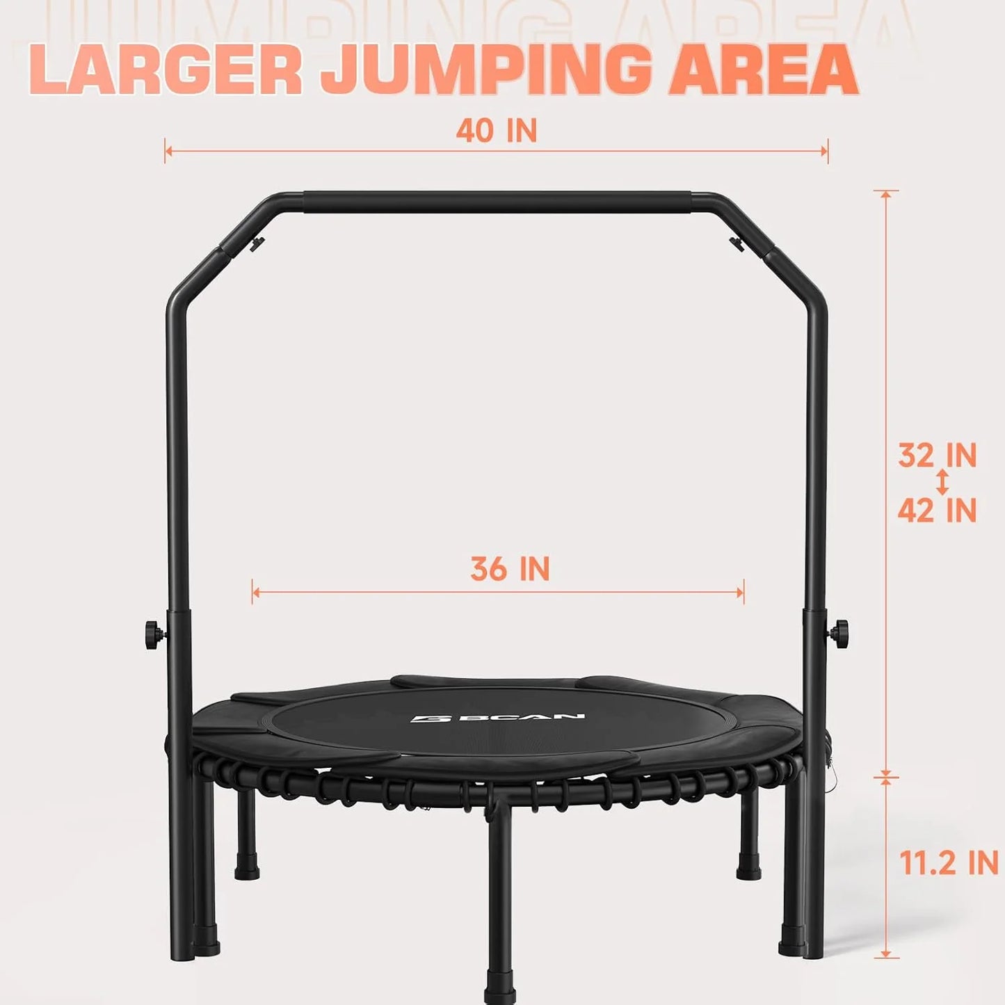 BCAN 450/550 LBS Foldable Mini Trampoline, 40"/48" Fitness Trampoline with Bungees, U Shape Adjustable Foam Handle, Stable & Quiet Exercise Rebounder for Adults Indoor/Outdoor Workout
