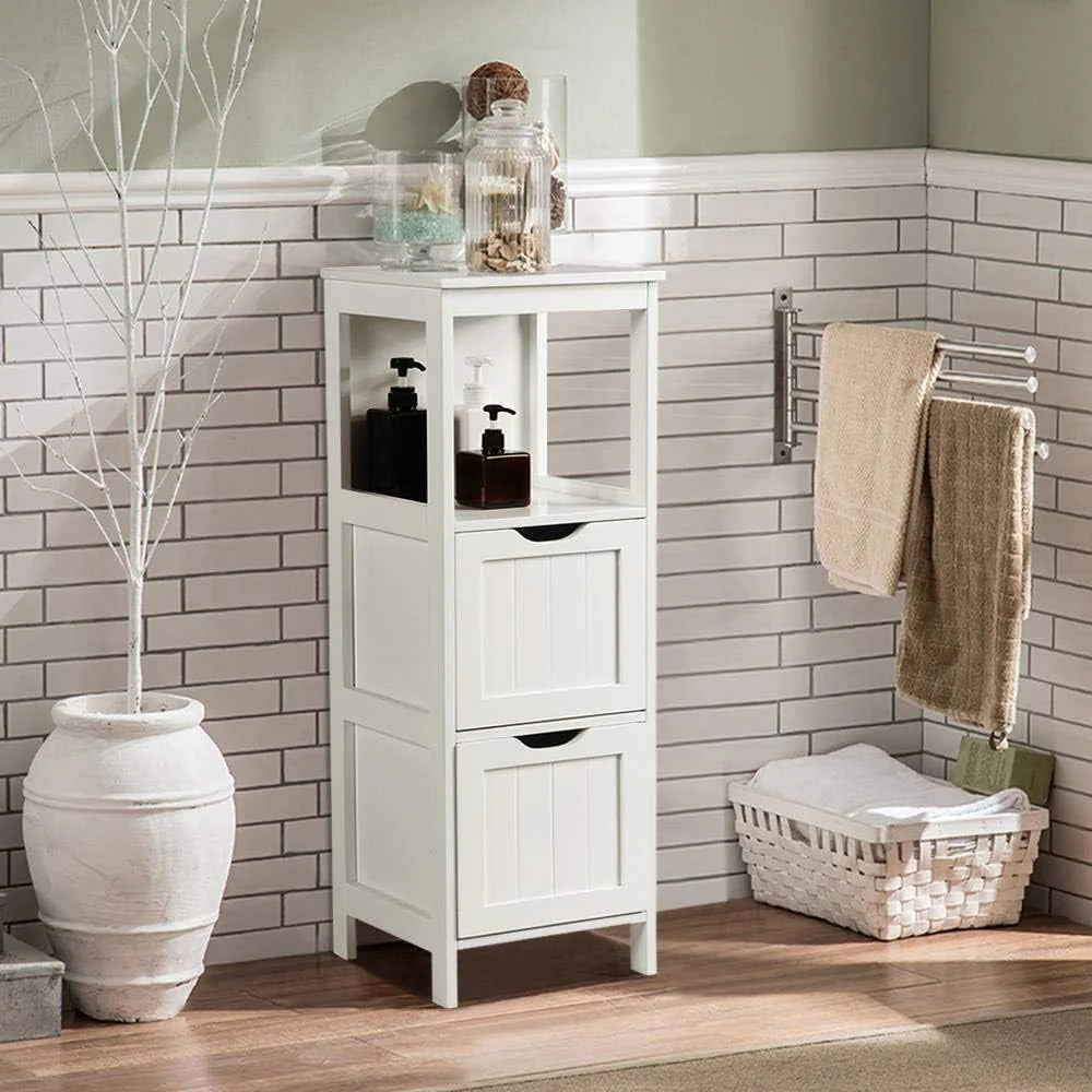Bathroom Floor Cabinet, Wooden Storage Cabinet with 2 Drawers, Multifunctional Side Organizer Rack Stand Table