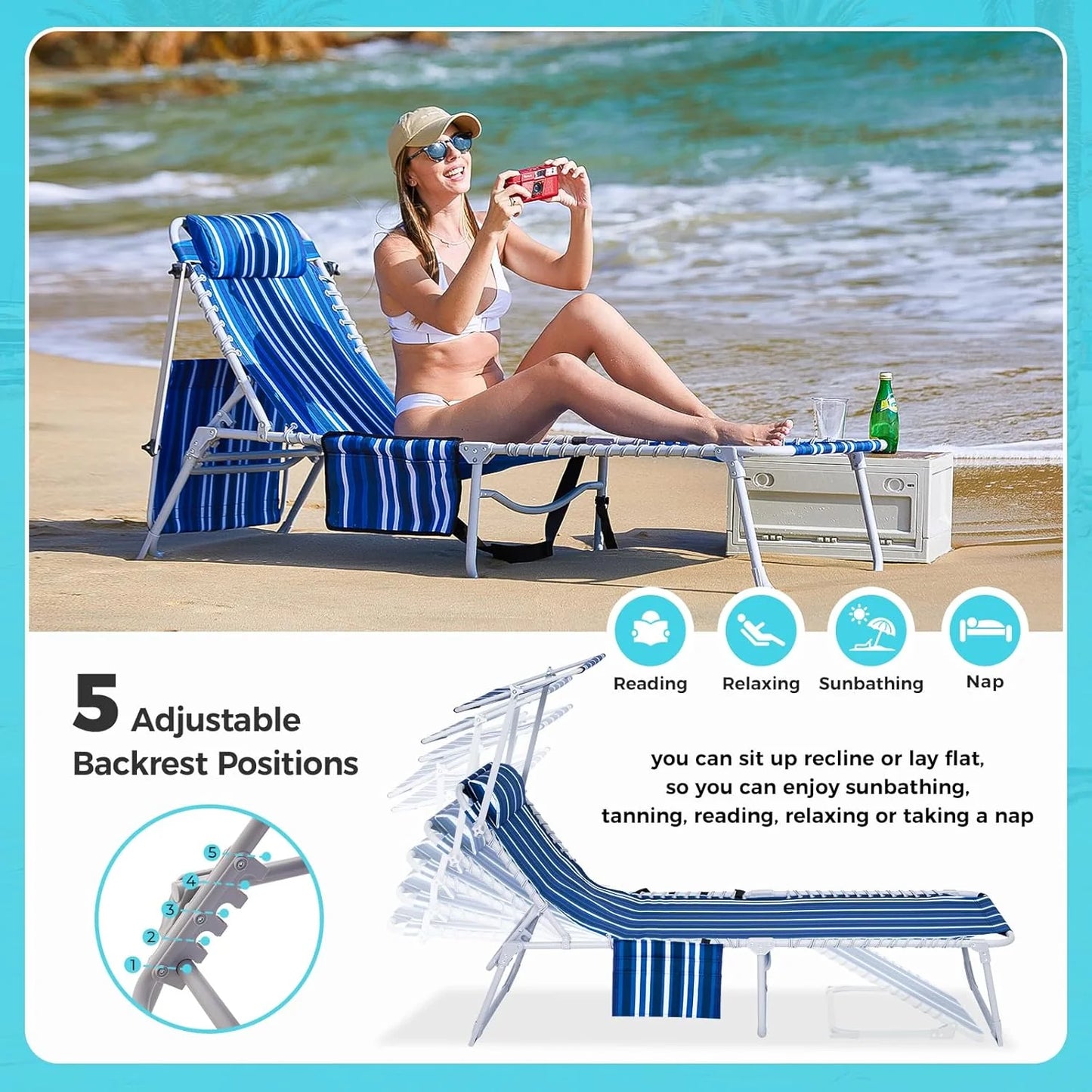 2 Pack Outdoor Chaise Lounge Chair - Portable Folding Patio Pool Lounge Chair, 5 Positions Adjustable Reclining Camping Chair with Side Table,Shoulder Strap, Pillow for Beach Sunbathing Lawn