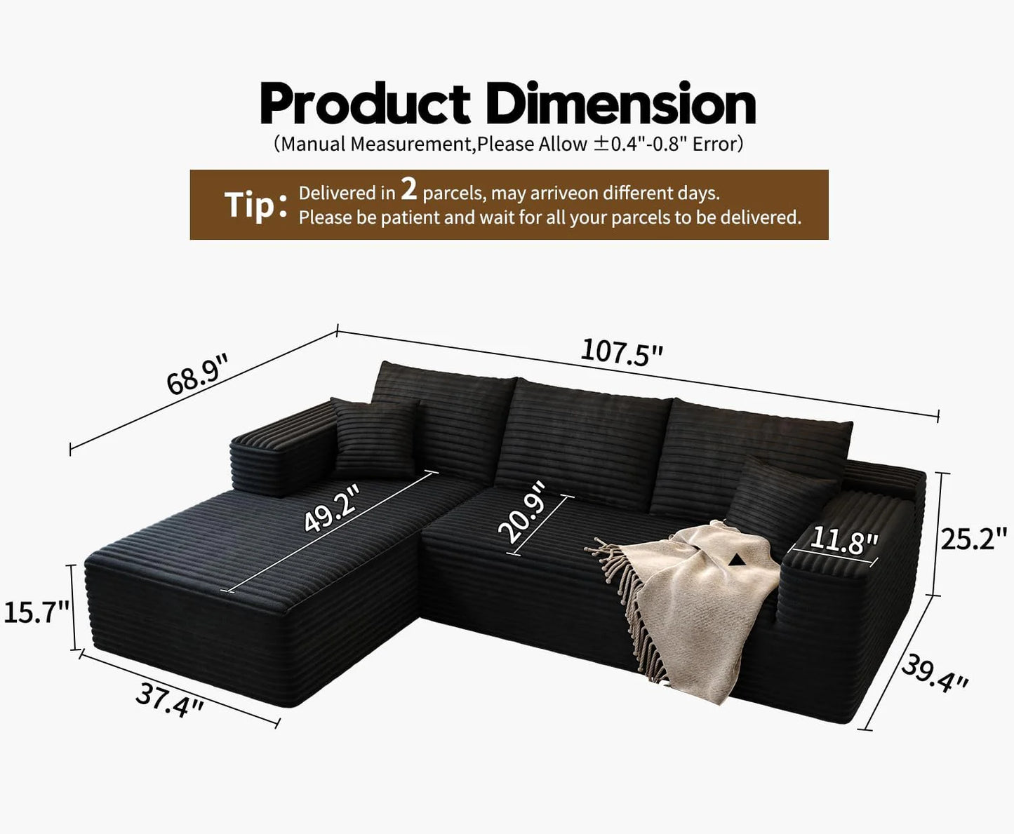 107.5" Cloud Modular Sectional Sofa Couch with L-Shape Chaise,Modern Minimalist Upholstered Couches