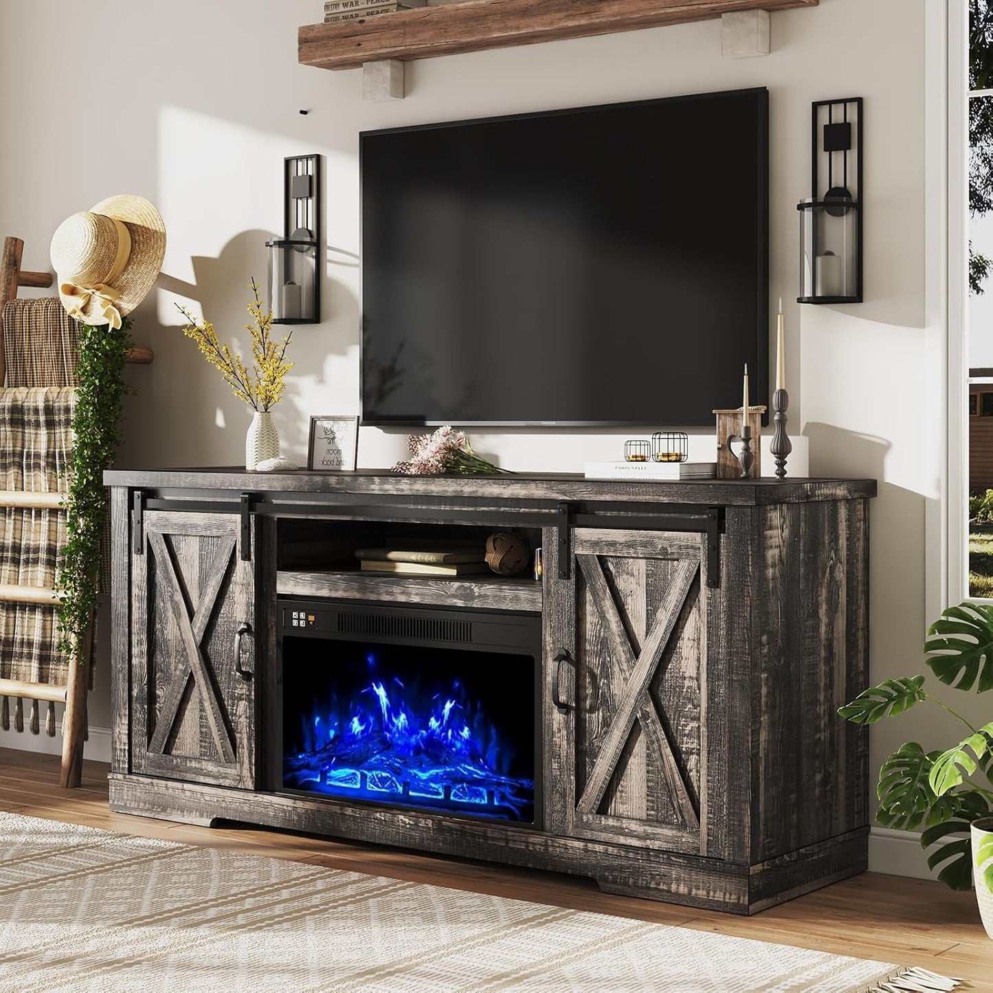 AMERLIFE Fireplace TV Stand with Sliding Barn Door for TVs up to 73", Farmhouse 63" Fireplace Entertainment Center with Storage Cabinets/Adjustable Shelves