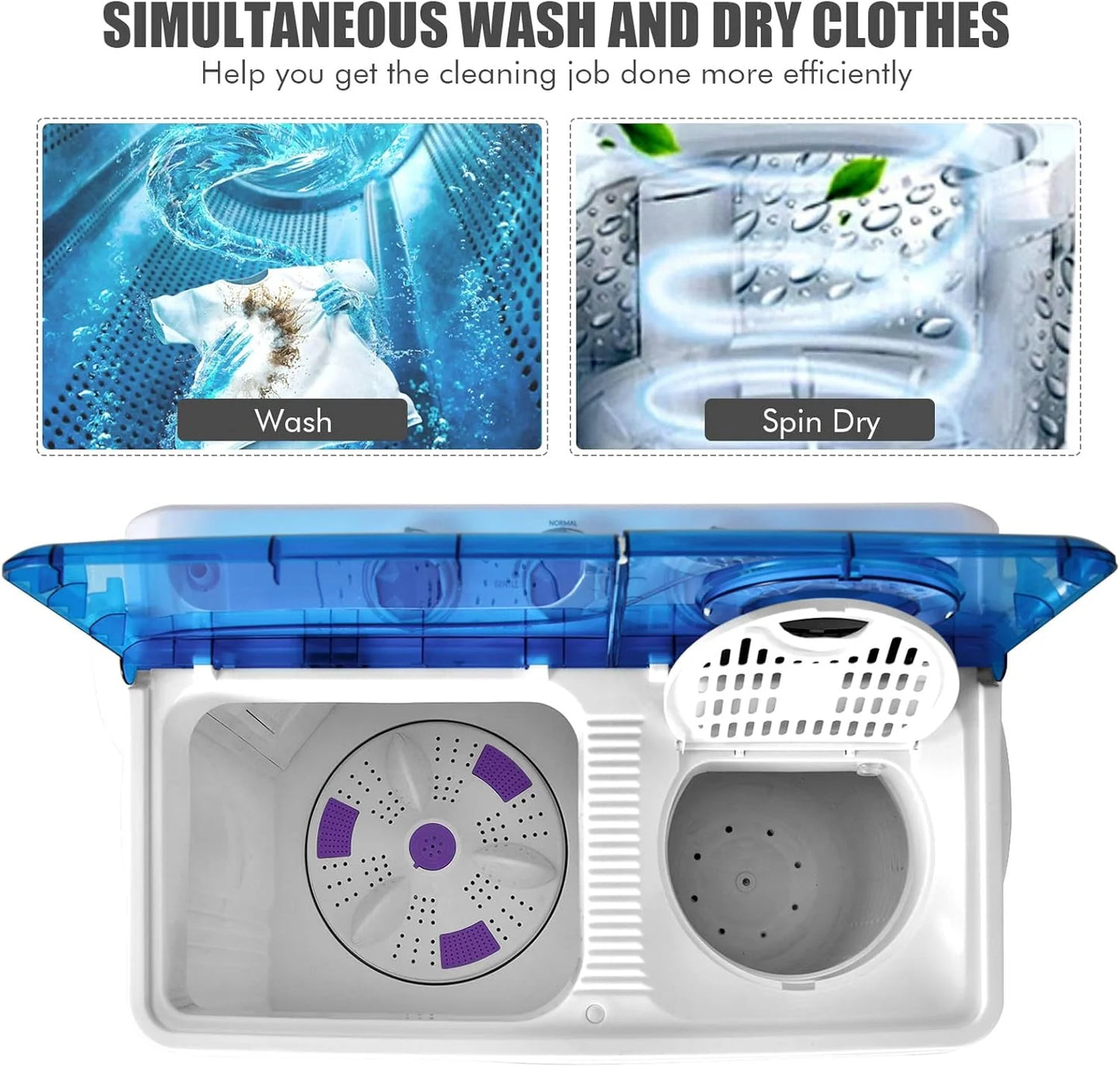 COSTWAY Double Tub 26 lb Capacity Laundry 18 lb 8 lb Spin Combo with Timer Knob Built-in Drain Pump Small Portable Washing Machine