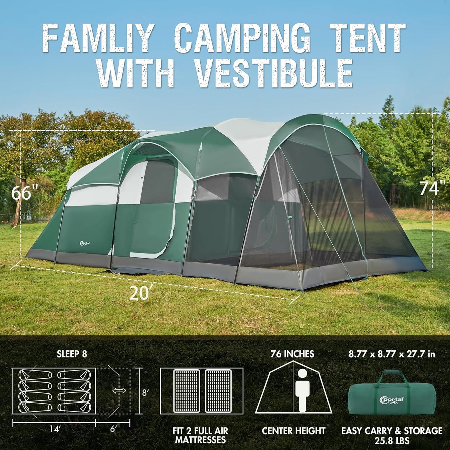 PORTAL 6/8/10 Person Family Camping Tent with Screen Room, Water Resistant Big Tunnel Tent with Rainfly, Large Family Tent for Outdoor Camping, Party