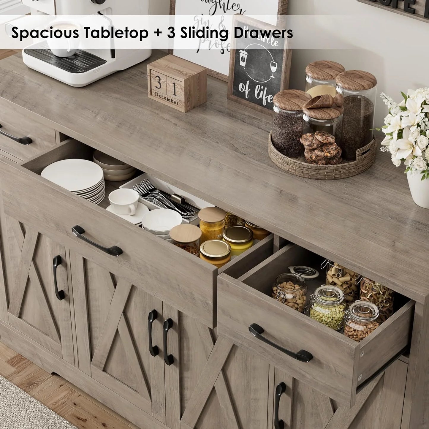 Sideboard with drawers, large 55-inch sideboard, sideboard storage with shelves and doors, modern farmhouse coffee bar wood kitchen dining table