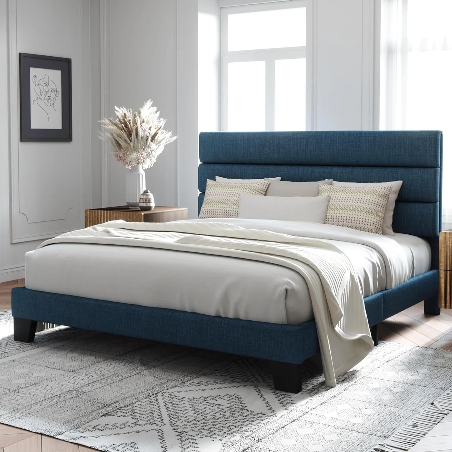 Allewie Queen Size Platform Bed Frame with Fabric Upholstered Headboard and Wooden Slats Support, Fully Upholstered Mattress Foundation/No Box Spring Needed