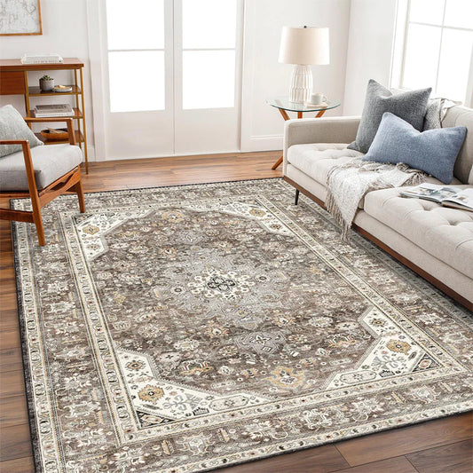Washable Area Rug - Bedroom Living Room Large Indoor Rugs Soft Oriental Vintage Rugs Non-Slip Backing Stain Resistant