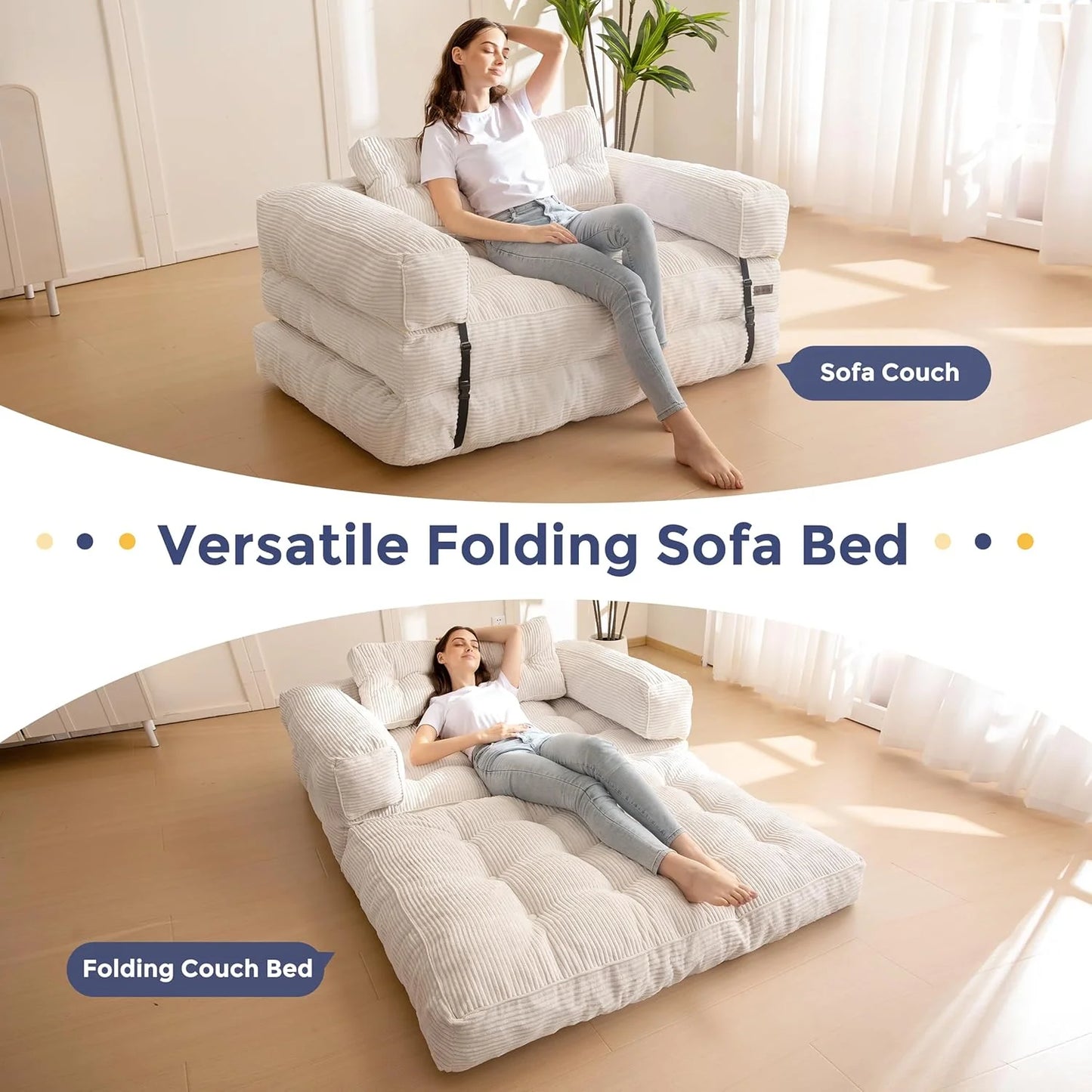 Folding Sofa Bed, L-Shaped Convertible Sofa Bed with Armrests and Pillows,