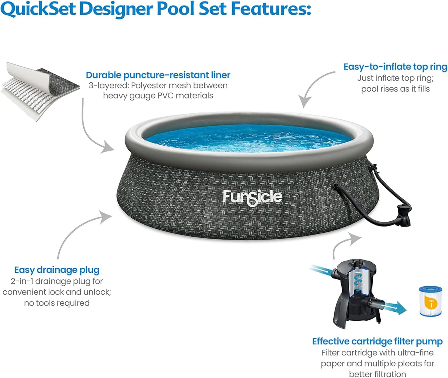 Funsicle 12 Foot by 36 Inch Quickset Round Inflatable Ring Top Outdoor Above Ground Swimming Pool Set with Pump and Cartridge Filter, Dark Herringbone