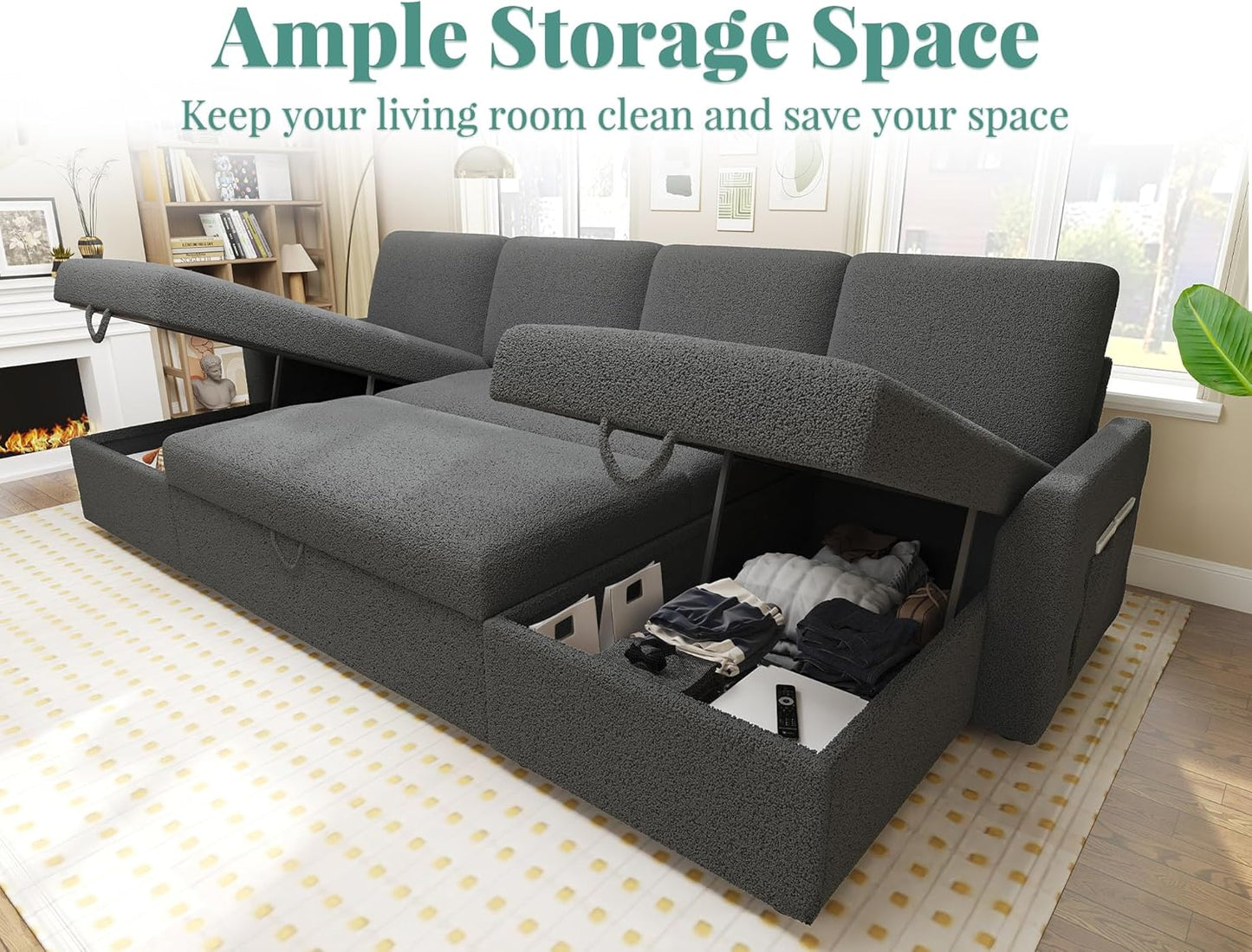 VanAcc Sofa Bed, Sleeper Sofa with Storage Chaise- 2 in 1 Pull Out Couch Living Room, Comfy Sleeper Couch