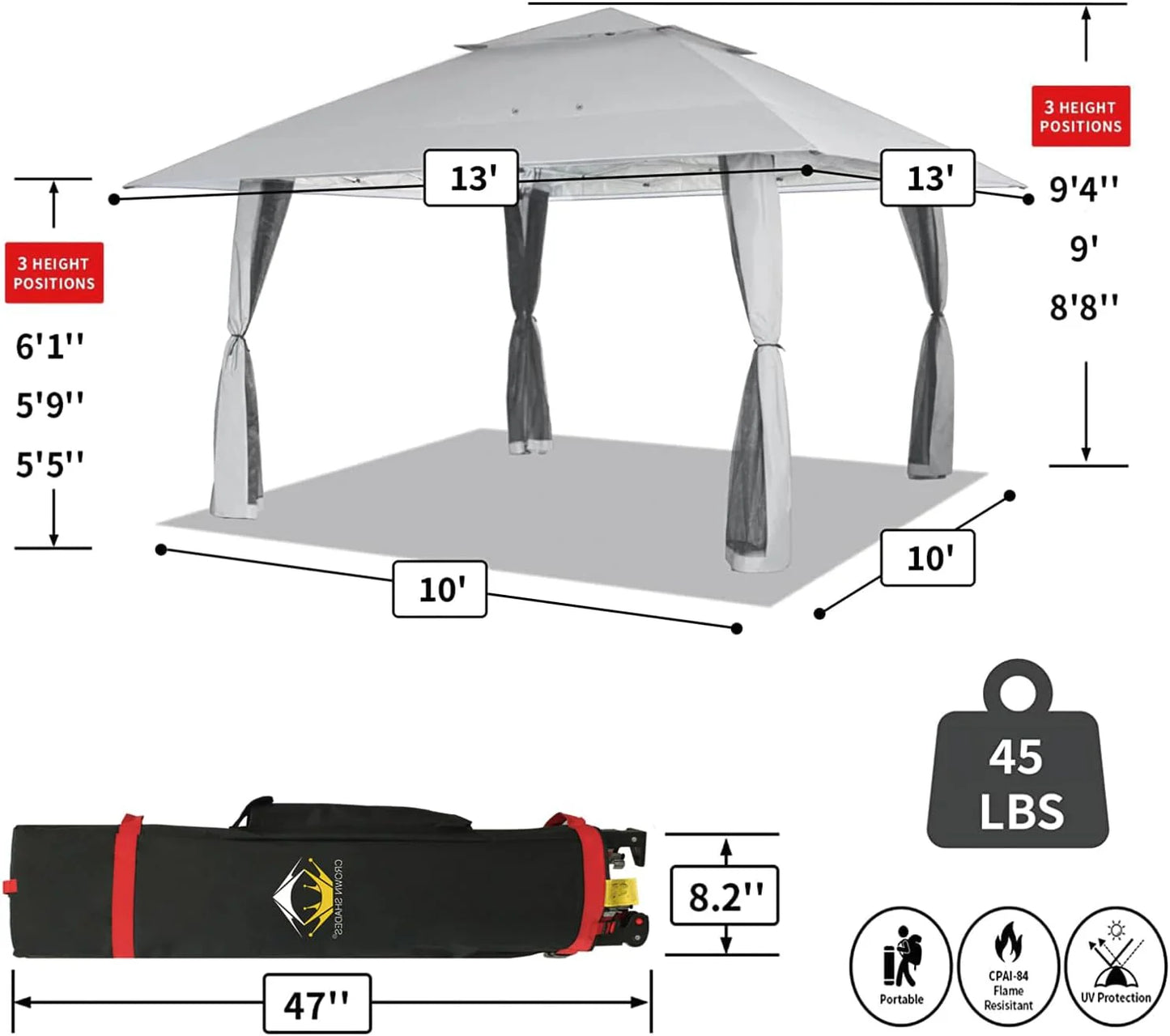 CROWN SHADES 13x13 Pop Up Gazebo, Canopy Tent, Gazebos on Clearance - Outdoor Gazebo for Backyard & Patio Furniture - Carpa Pop Up Tent with Wheeled STO-N-Go Cover Bag (White)