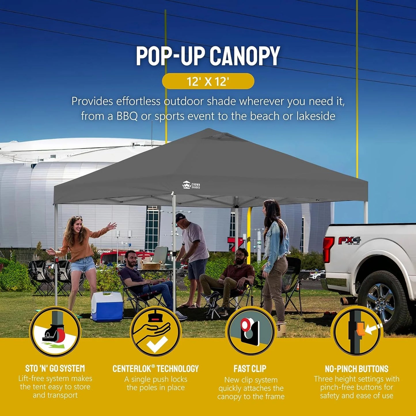 10x10 Pop-Up Awning - One-Click Installation Beach Tent - Outdoor Sunshade Silver Coated Top, 3 Heights and 4 Sand Pockets