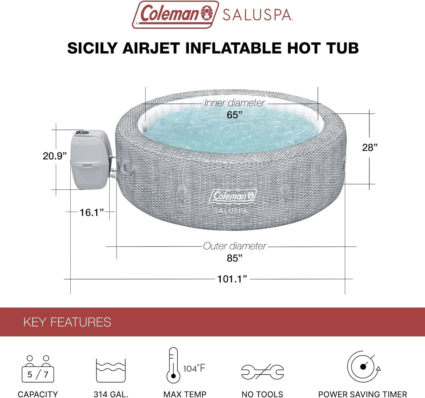 SaluSpa Sicily AirJet 7 Person Inflatable Hot Tub Round Portable Outdoor Spa with 180 Soothing AirJets and Insulated Cover, Gray