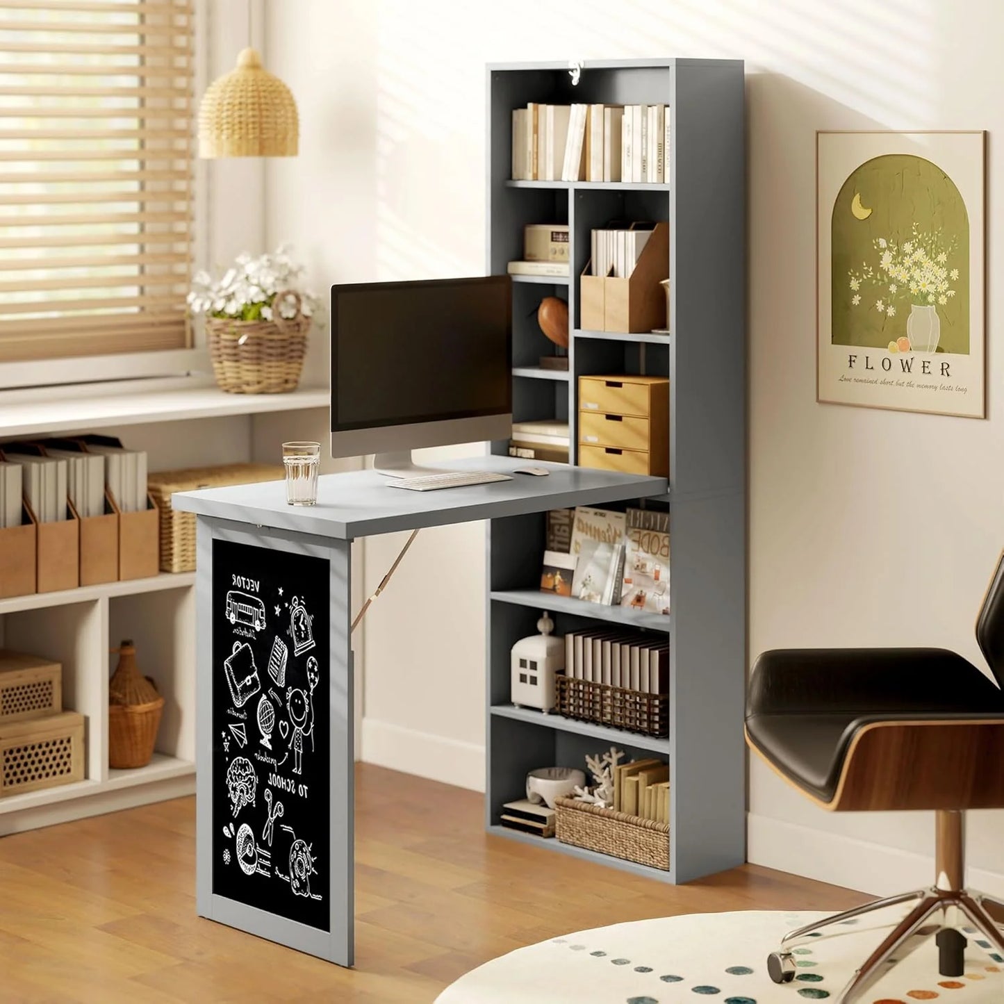 Folding convertible writing desk, wall mounted desk cabinet, multifunctional home office workstation