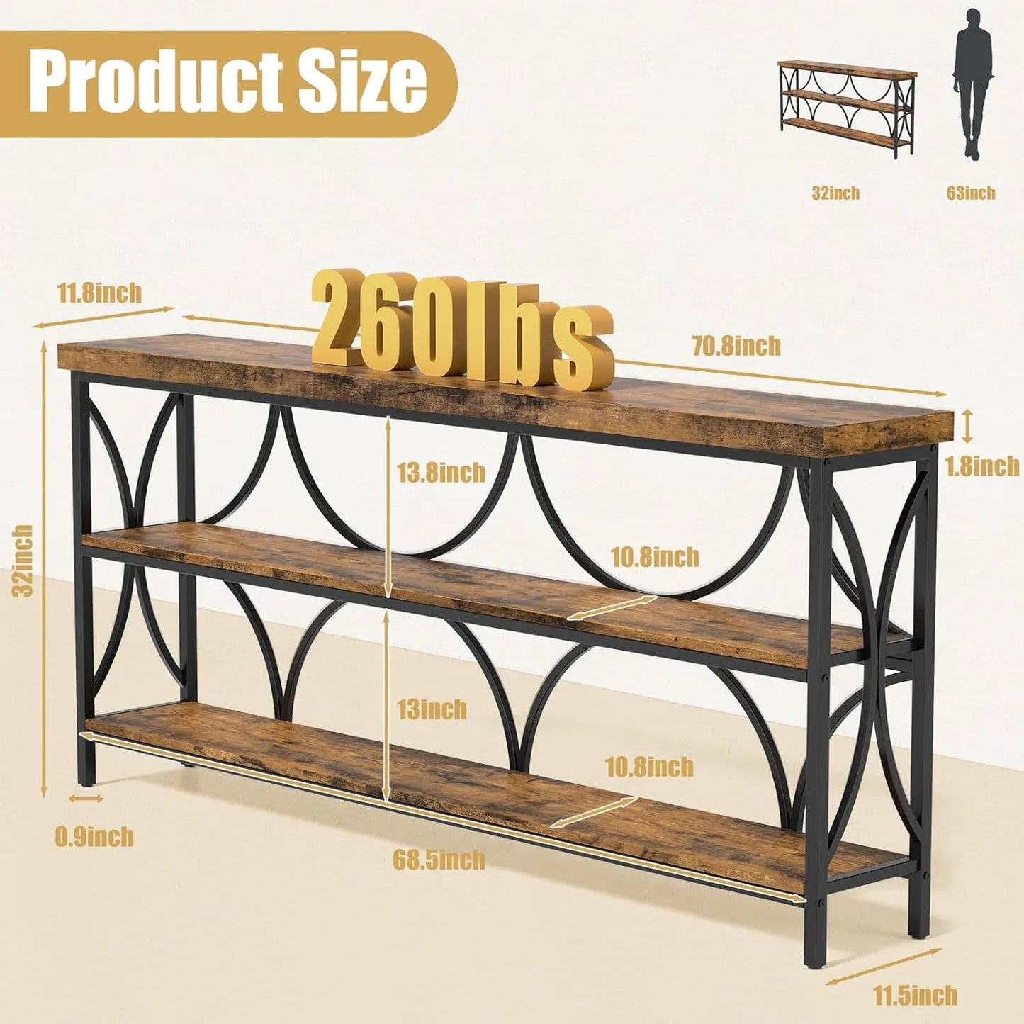 70.8 Inches Extra Long Console Table 3 Tiers Industrial Wood Entryway Sofa Table