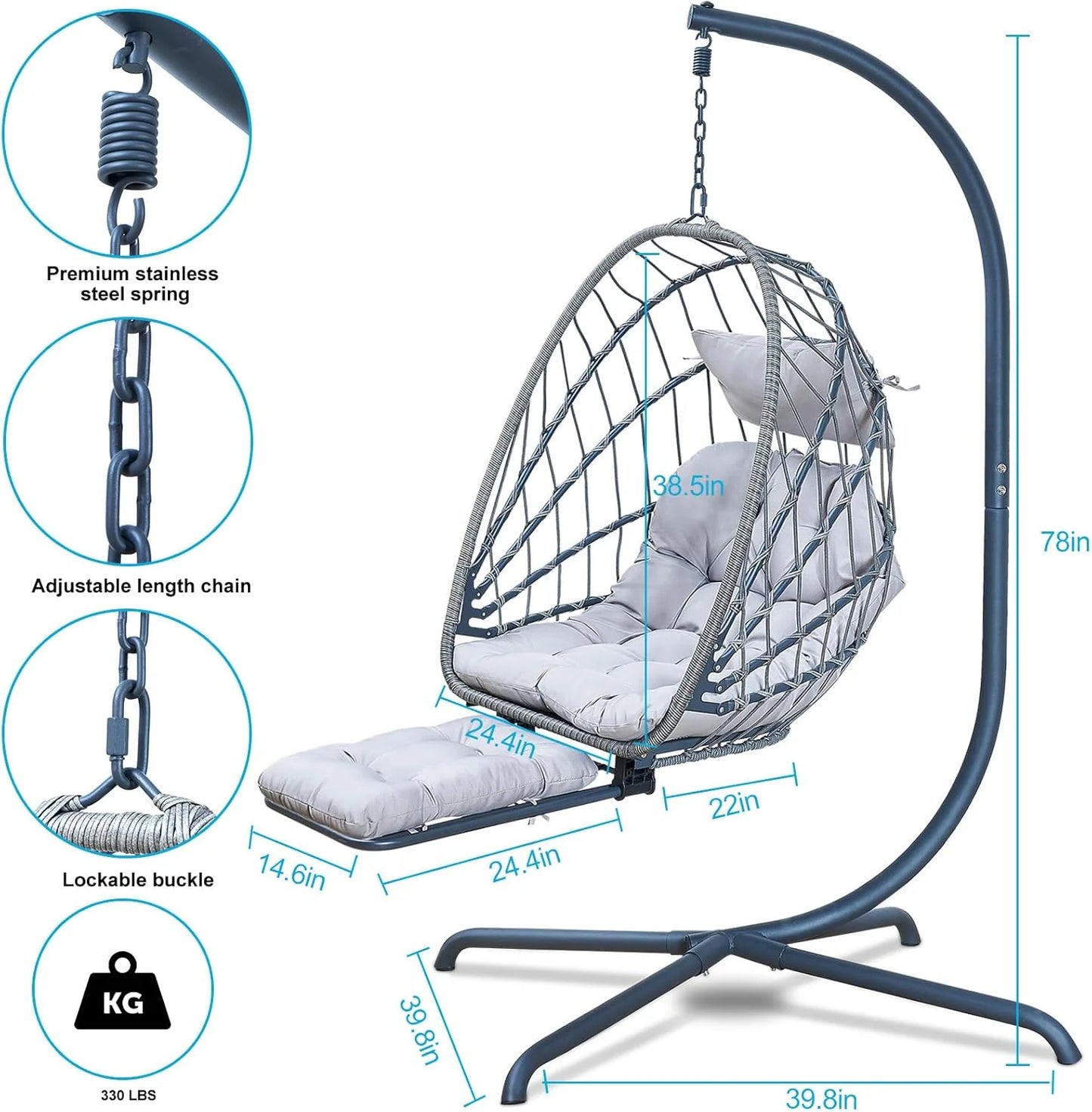Hanging Egg Chair with Stand and Leg Rest – Rattan Wicker Swing Hammock Chair, UV-Resistant Cushion, Heavy-Duty Frame for Indoor & Outdoor Patio, Bedroom, Balcony, Garden – 330 lbs Capacity.
