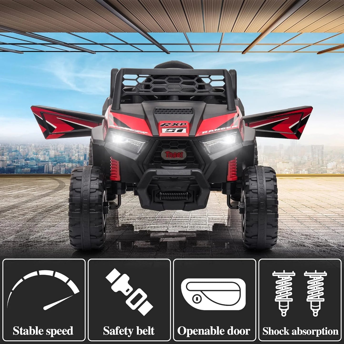 TOBBI 12V Kids Ride on Car, Electric Off-Road UTV Truck with Diverse Functions, Double Open Doors, Safety Belt, Horn, Music, and Lights for Kids Aged 3-5 Years (Rose Red)