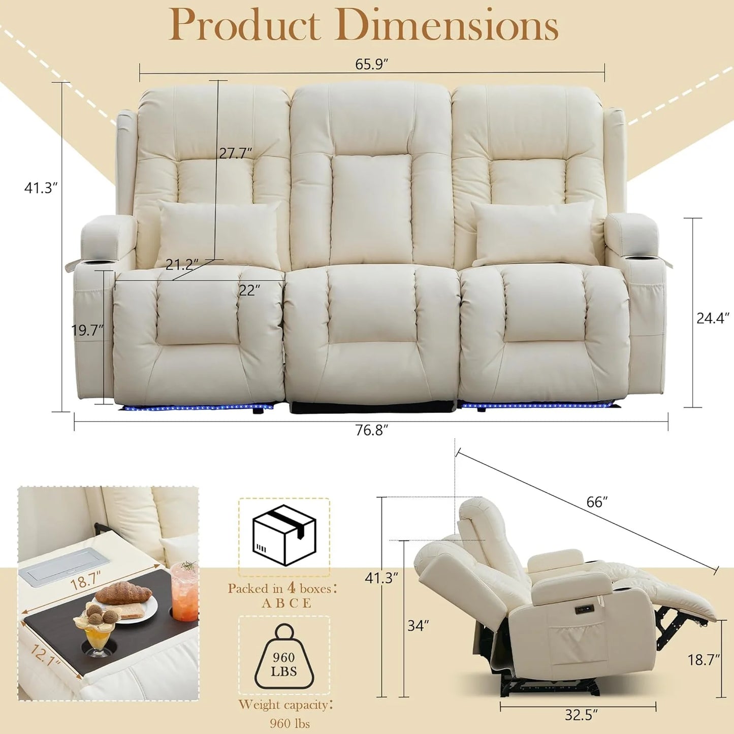 TUNYI Power Loveseat Recliner Sofa with Massage & Heat Home Theater Seating with Console Electric Recliner RV Sofa with USB/Outlet/Storage/Side Pocket/LED Light/Speaker (Brown, Loveseat)