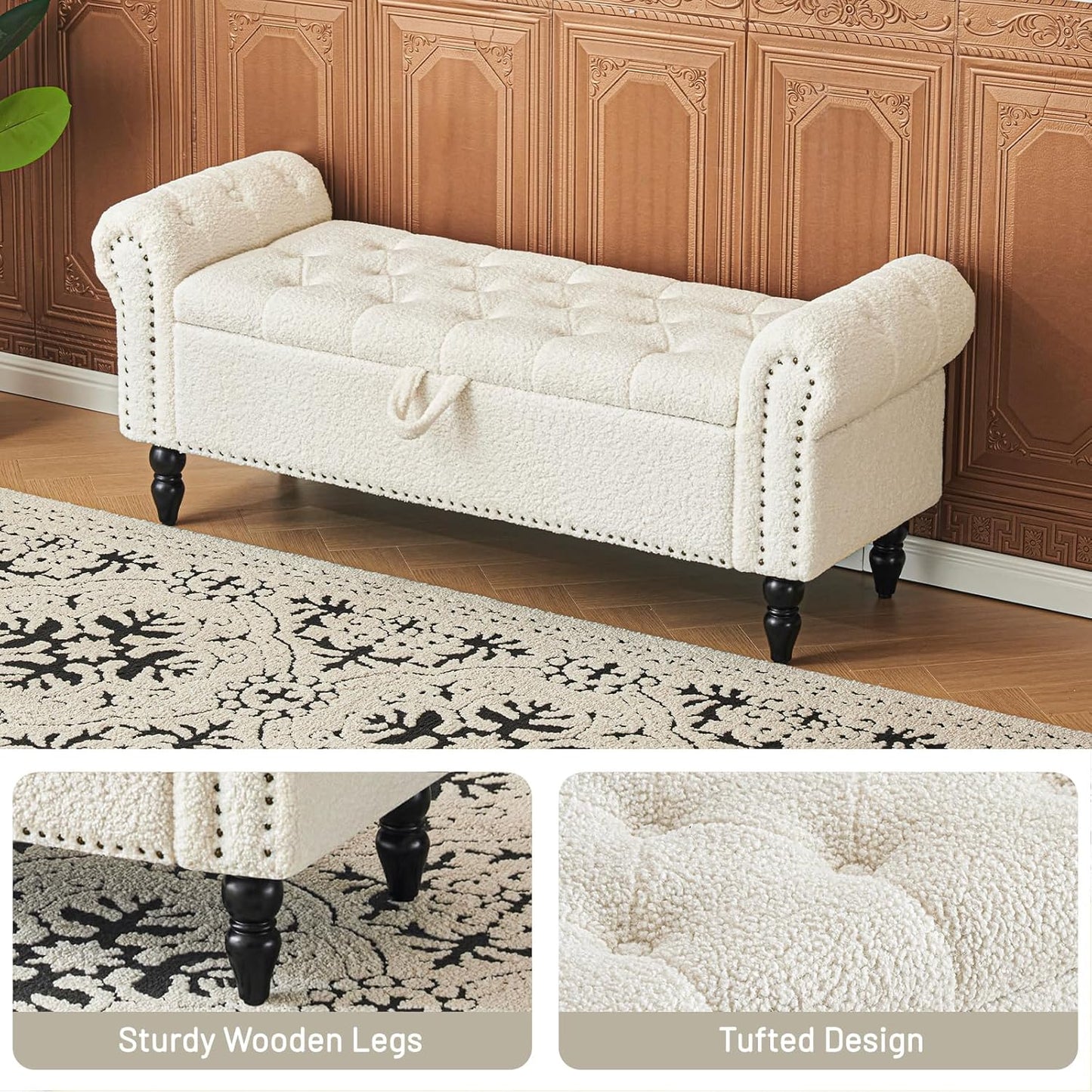 Furniliving Modern Storage Ottoman Bench, Sherpa Ottoman End of Bed Bench with Solid Wood Legs Upholstered Ottoman Benches with Storage Indoor Bench