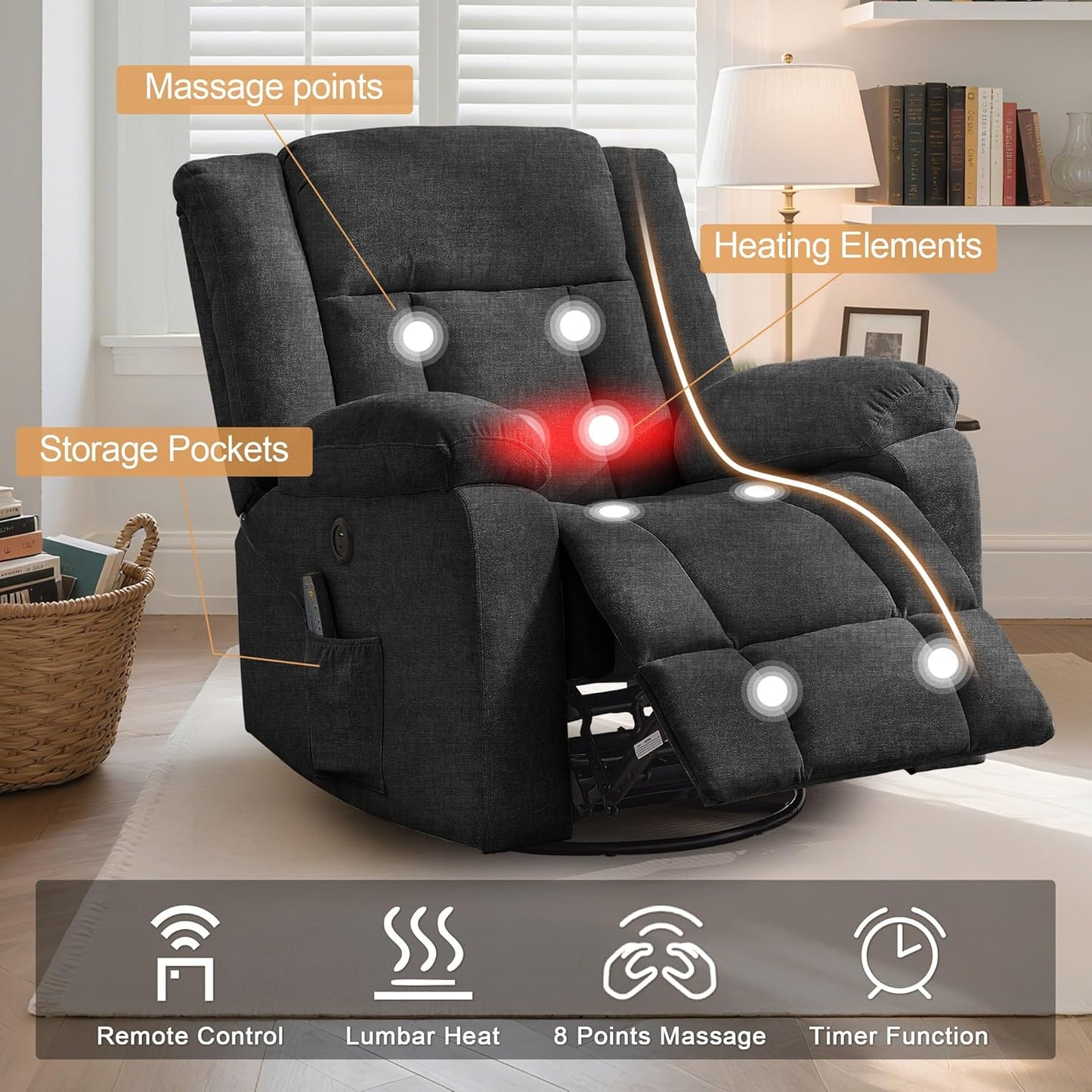 Adult rocking chair, gliding recliner, 360° rotating rocking chair with massage and heating function