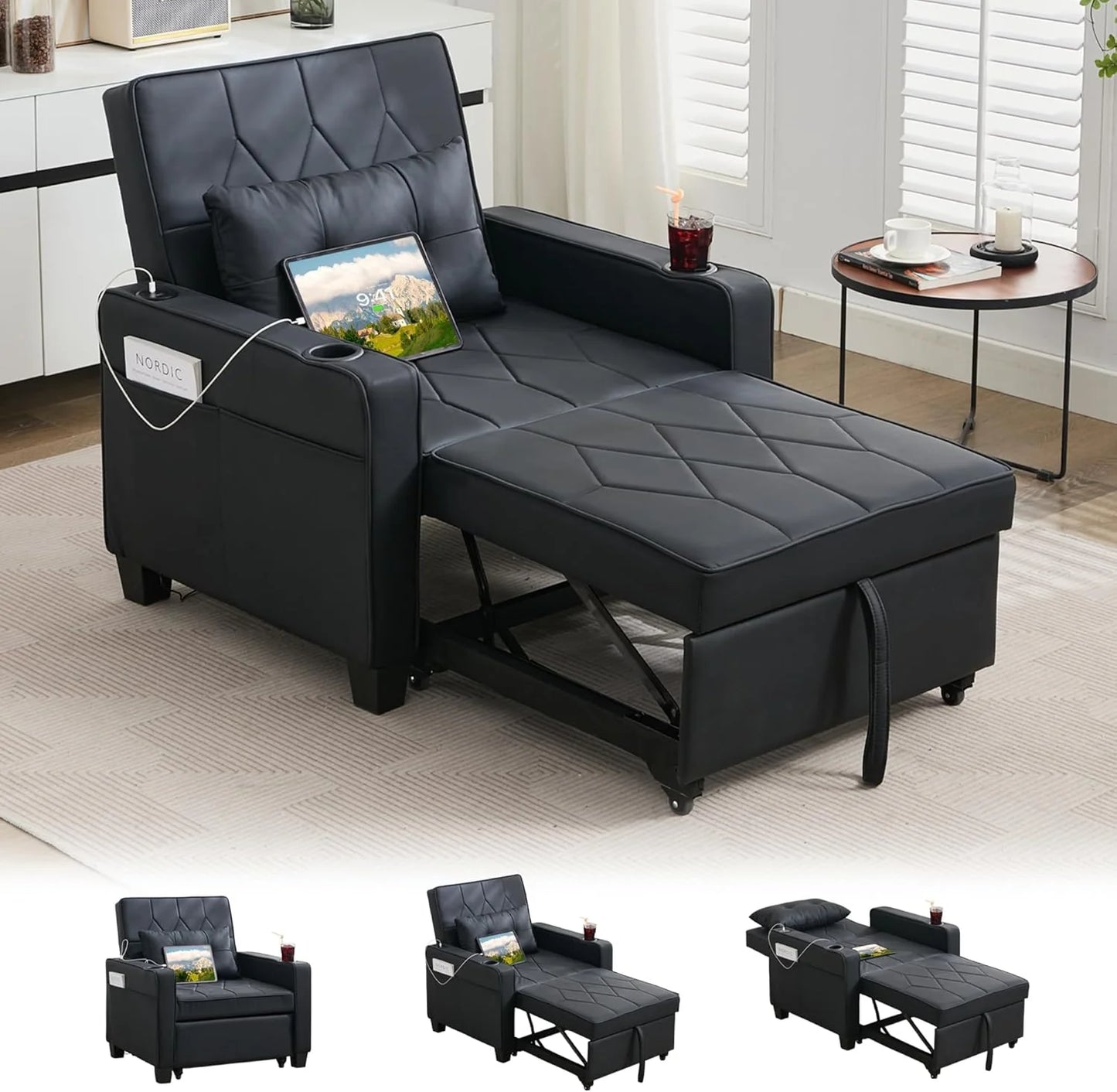Adult Convertible Sleeper Chair Bed, 3-in-1 Pull-Out Sofa Bed with USB/Type-C Ports, Cup Holders, Side Pockets, Single Sofa