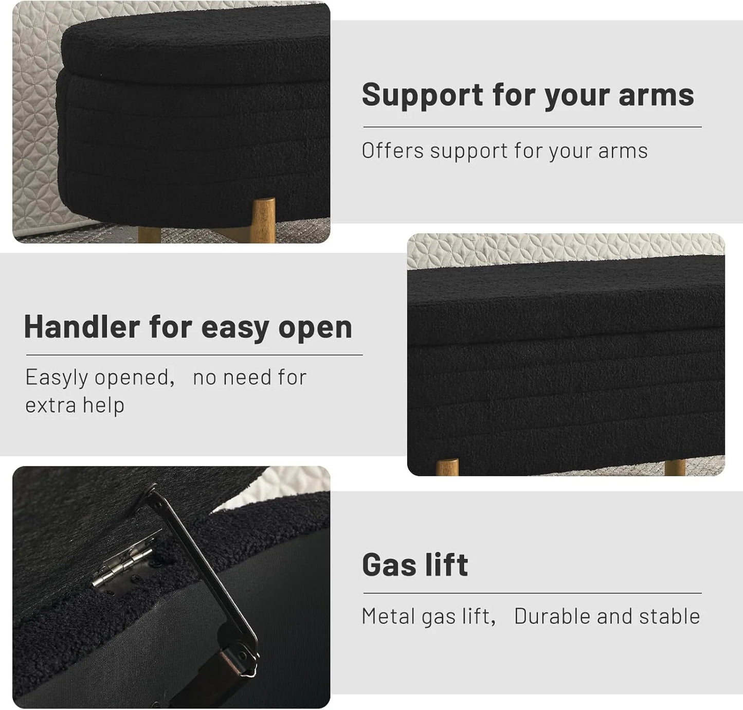 Furniliving Modern Storage Ottoman Bench, Sherpa Ottoman End of Bed Bench with Solid Wood Legs Upholstered Ottoman Benches with Storage Indoor Bench