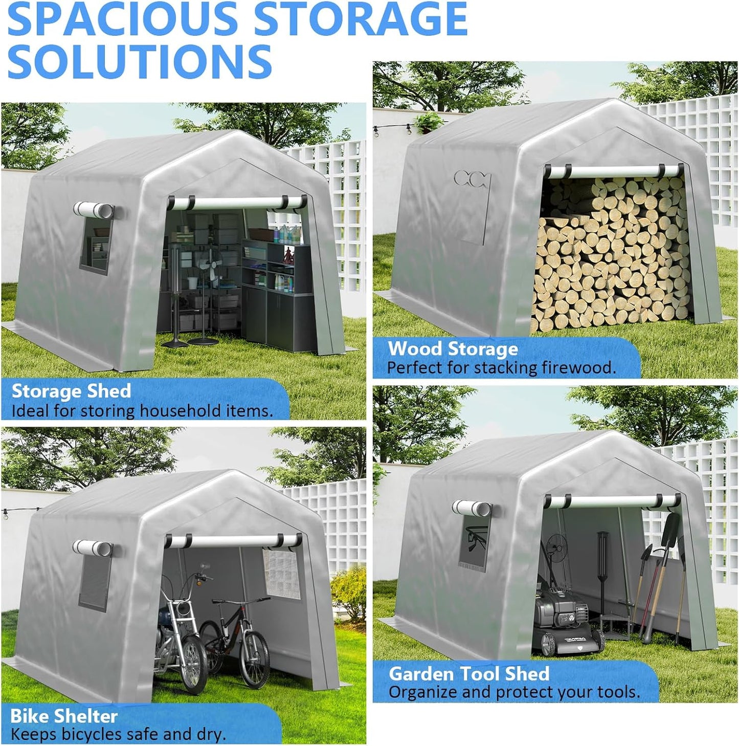 6x8 ft Heavy Duty Carport Tent Portable Garage with Removable Side Walls and Door Four Seasons Tarpaulin
