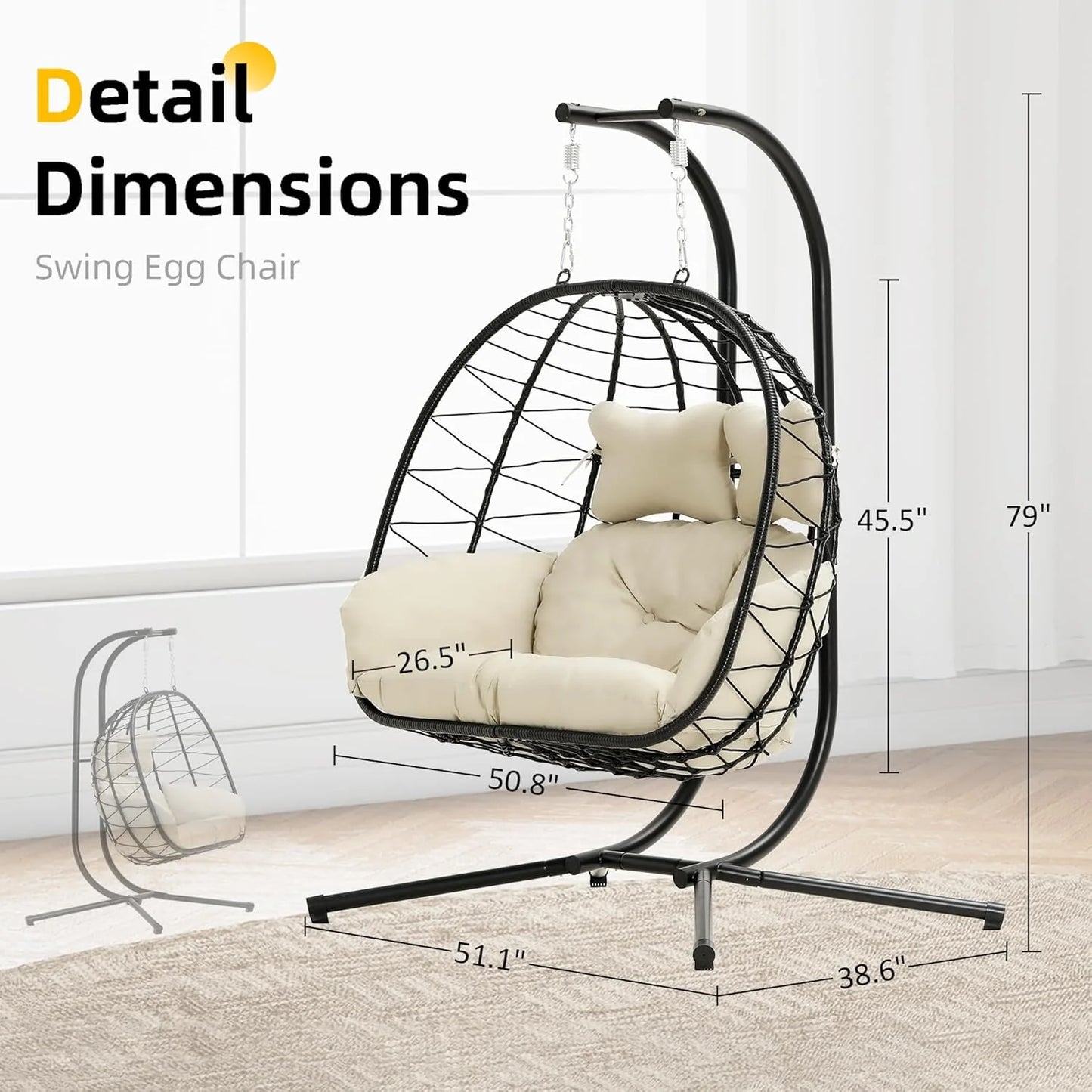 Double Egg Chair wth Stand Hammock Swing Chair Foldable Hanging Loveseat, UV Resistant Removable Cushions, 700LBS Capacity for Bedroom
