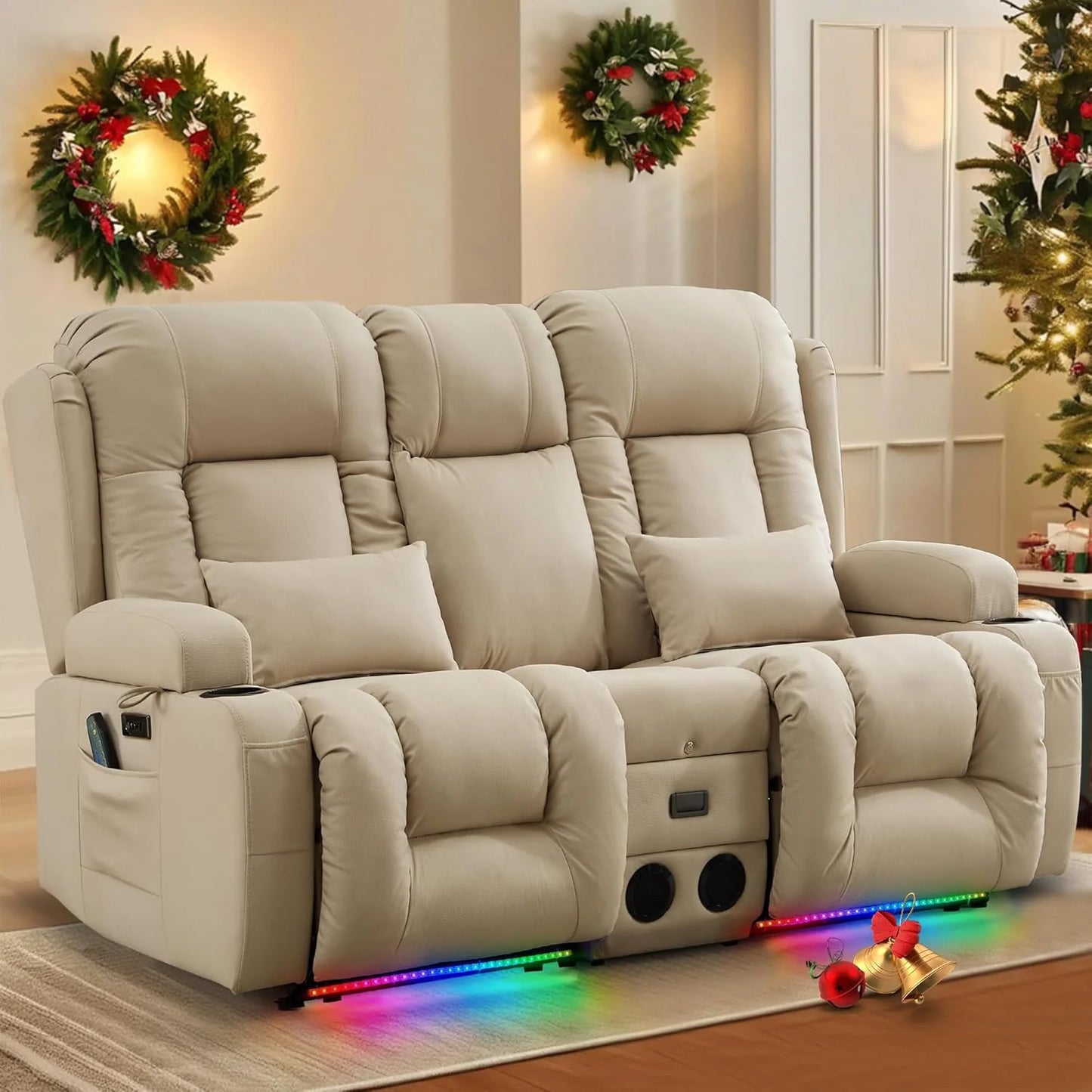 TUNYI Power Loveseat Recliner Sofa with Massage & Heat Home Theater Seating with Console Electric Recliner RV Sofa with USB/Outlet/Storage/Side Pocket/LED Light/Speaker (Brown, Loveseat)