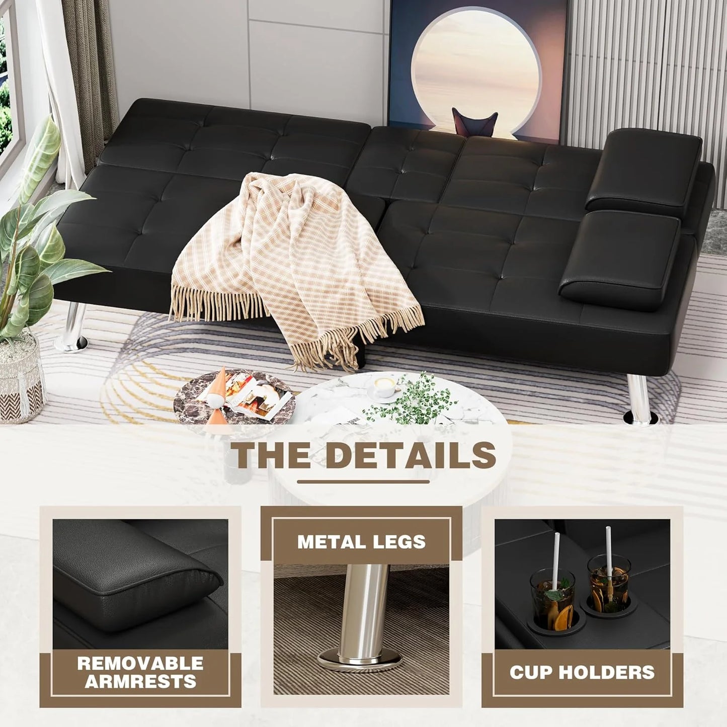 Homall Futon Sofa Bed, Leather Futon Couch with Removable Armrests, Adjustable Recliner Sleeper Sofa Bed with Dual Cup Holders for Living Room, Apartment