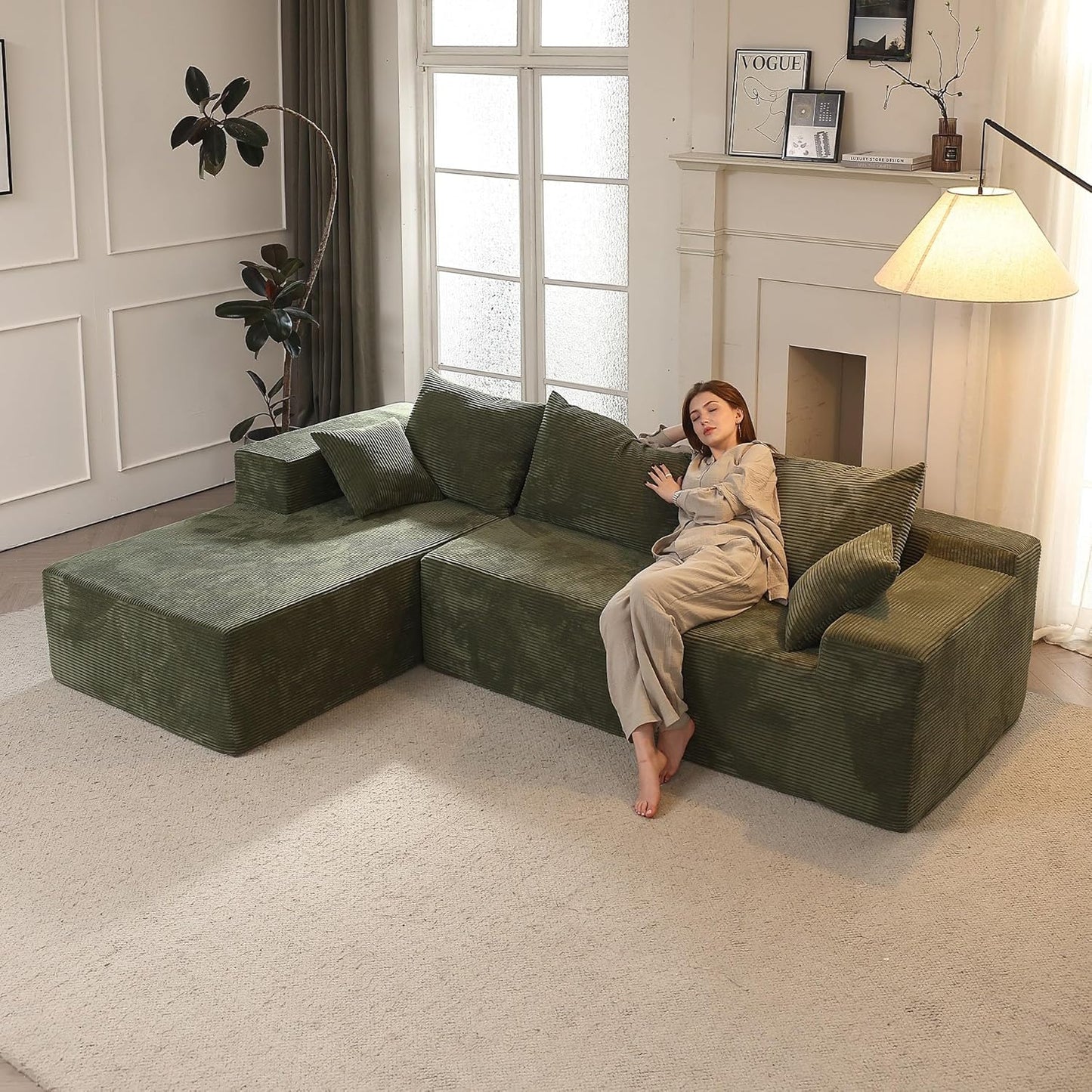 Cloud sofa with L-shaped lounge chair, modern modular sofa with deep seats