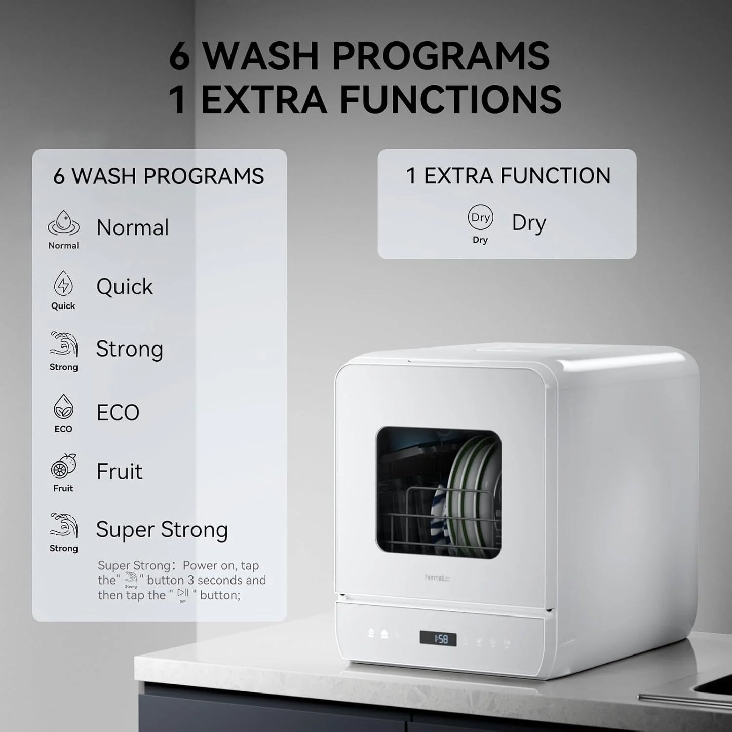 Hermitlux tabletop dishwasher, 7 wash programs, portable mini dishwasher