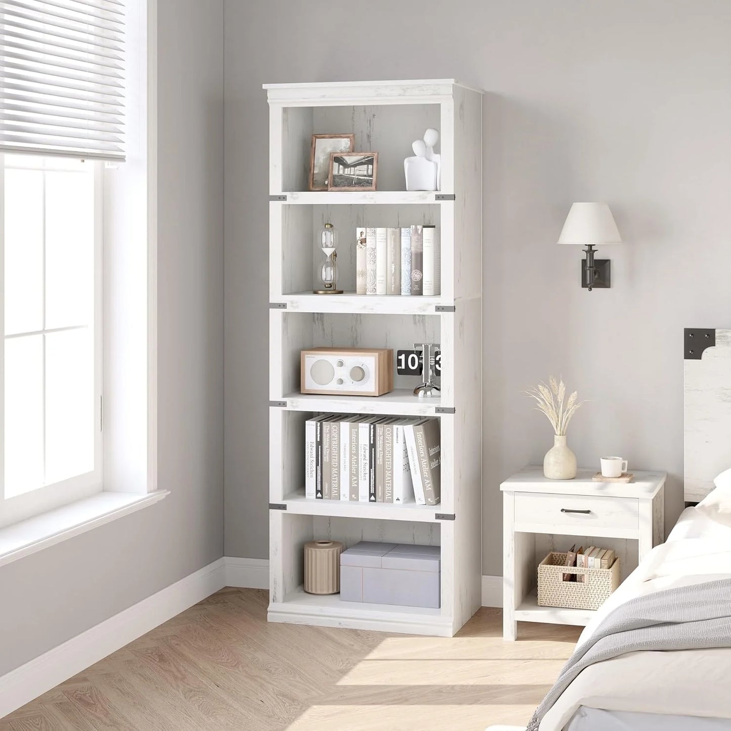 5 Tier Bookcase Farmhouse Book Shelf with Storage Open Display Bookshelves