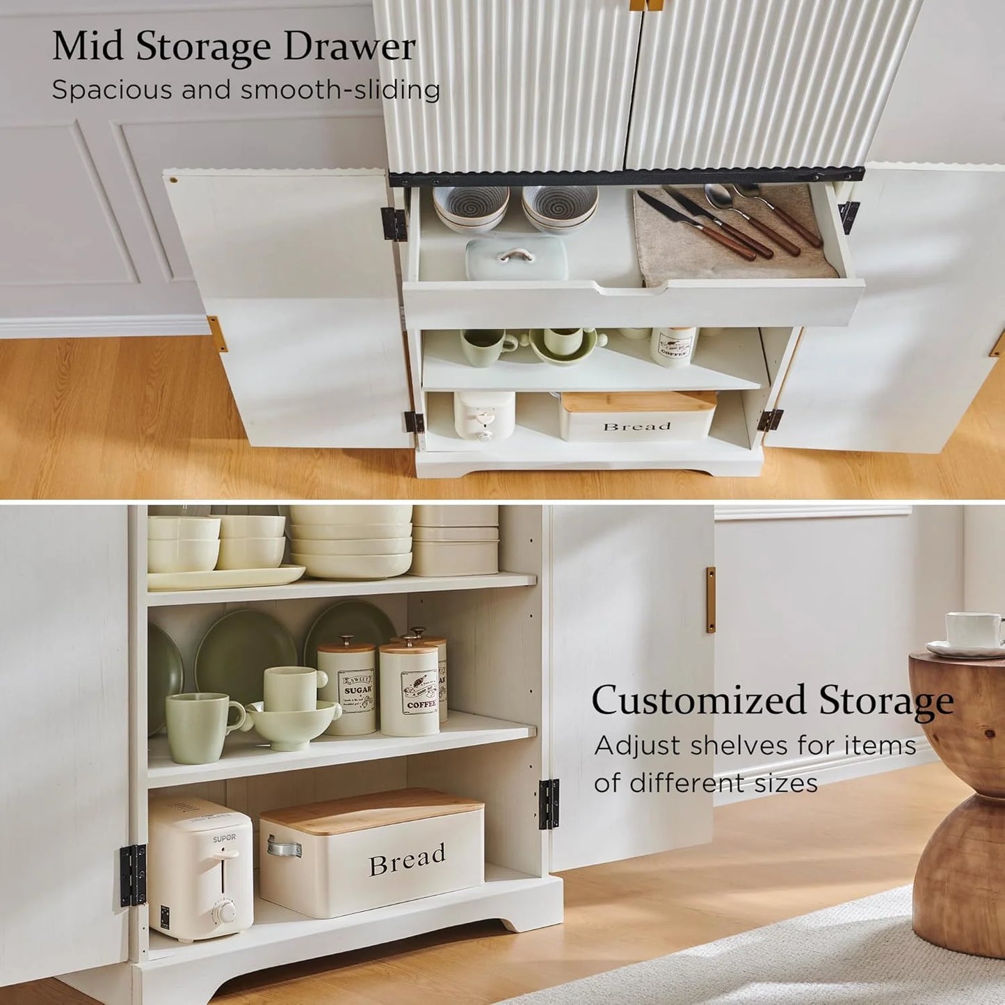 Fluted Pantry Cabinet, 72" Tall Modern Storage Cabinet with 4 Doors, Organizer, Drawer and Adjustable Shelves, Wood Cupboard