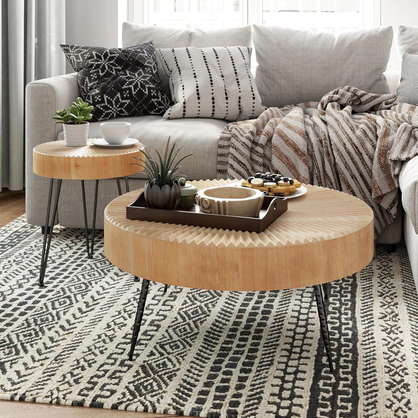 Two-Piece Modern Farmhouse Living Room Coffee Table Set, Round Nesting Tables