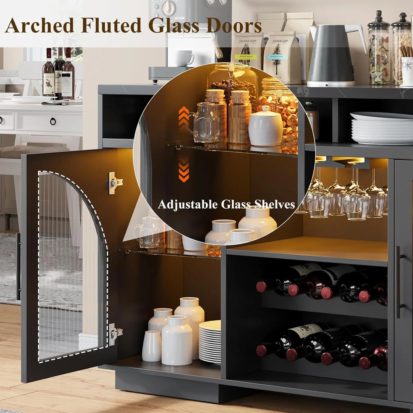 Sideboard, 54-inch kitchen cabinet with LED lights and arched glass doors, tall bar cabinet